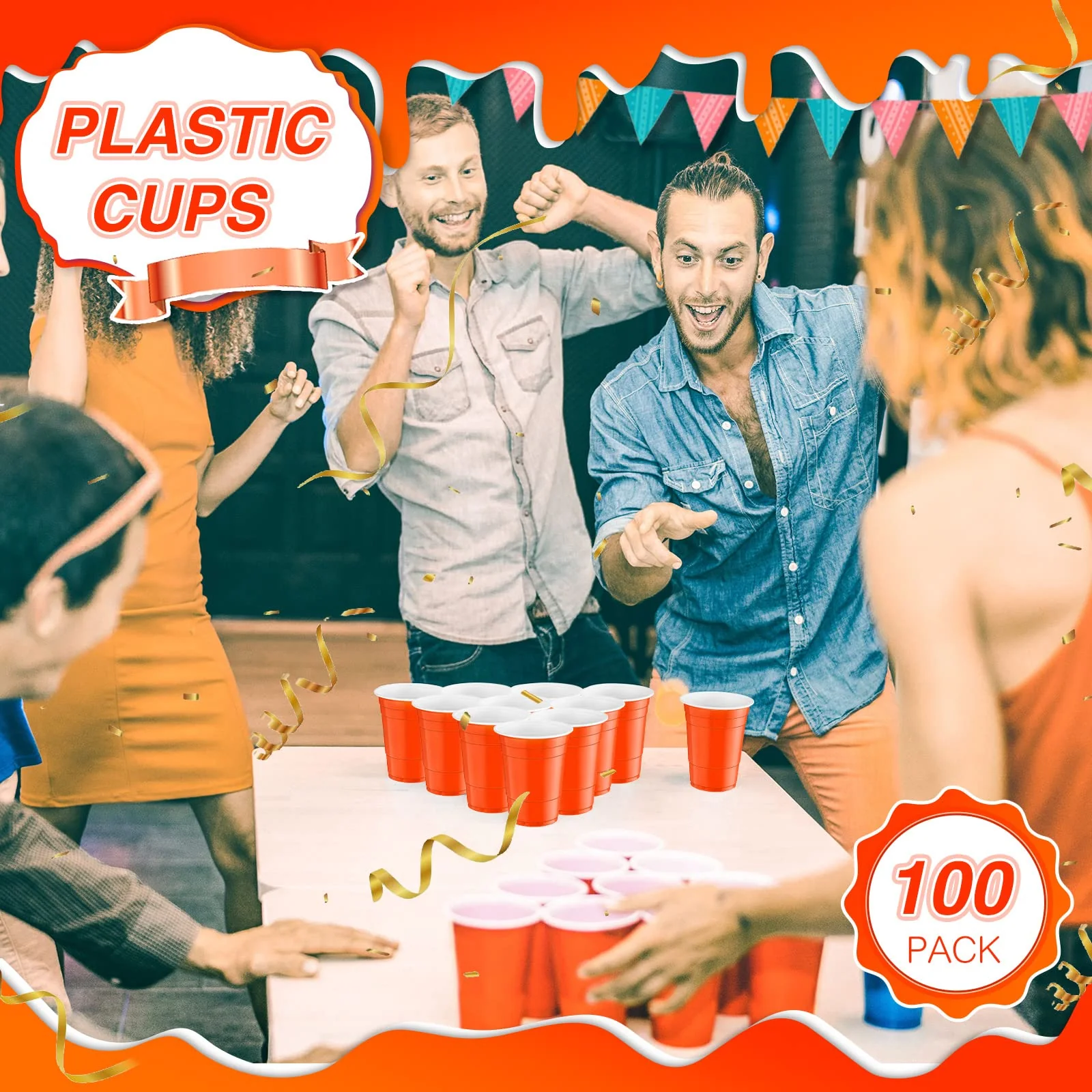 100 Pack 16 Ounce Halloween Plastic Party Cups Disposable Heavy Duty Drinking Water Cups for Holiday Christmas Festival Wedding New Year Party Supplies(Orange) - Image 3