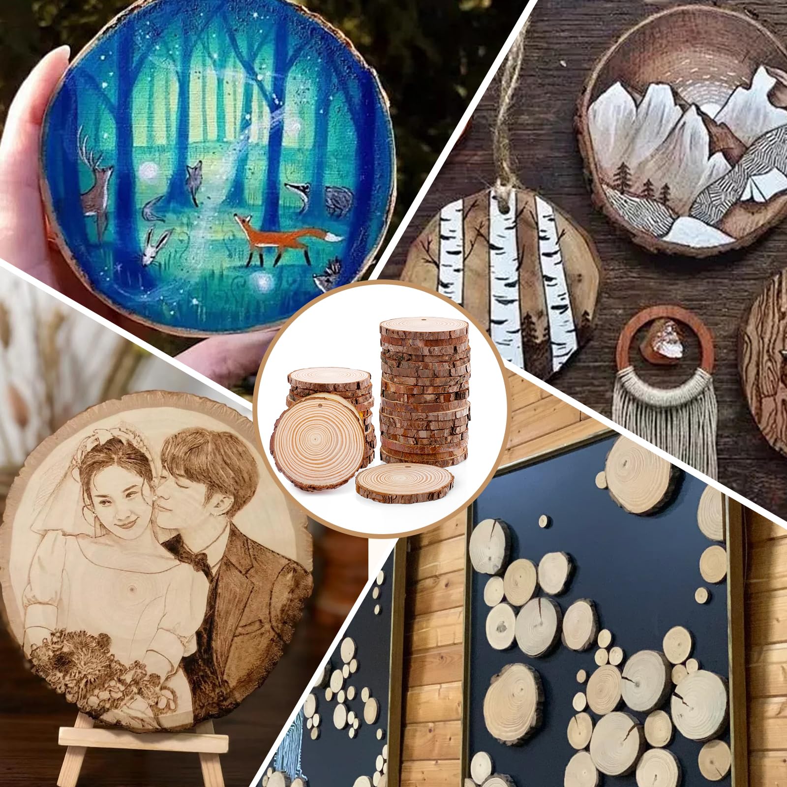 100 Pack Nature Wood Slices for Crafts,2.4-2.8In Unfinished Natural Wood Rounds.Wood Circles Predrilled with Hole and 20m Rope for Wooden Craft Supplies,Painting,Christmas Ornaments,DIY Gifts - Image 3