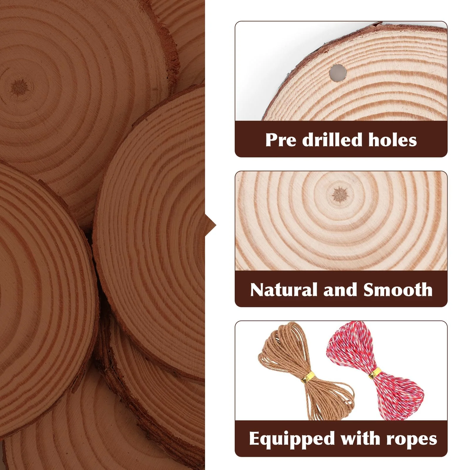 100 Pack Nature Wood Slices for Crafts,2.4-2.8In Unfinished Natural Wood Rounds.Wood Circles Predrilled with Hole and 20m Rope for Wooden Craft Supplies,Painting,Christmas Ornaments,DIY Gifts - Image 4