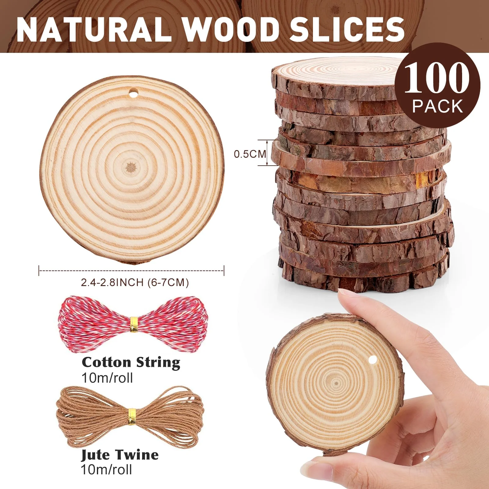100 Pack Nature Wood Slices for Crafts,2.4-2.8In Unfinished Natural Wood Rounds.Wood Circles Predrilled with Hole and 20m Rope for Wooden Craft Supplies,Painting,Christmas Ornaments,DIY Gifts - Image 5