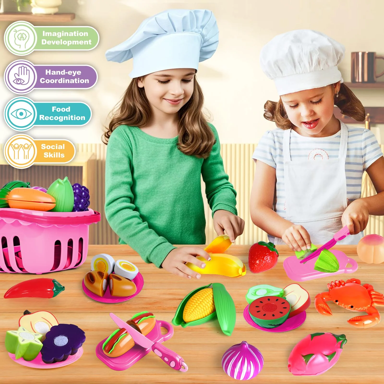 100 Pcs Play Food Set for Kids Kitchen, Pretend Food Toy for Toddlers, Play Kitchen Toys Accessories with 2 Baskets, Cutting Fake Food/Fruit/Vegetable, Christmas Birthday Gifts for Boys and Girls - Image 2