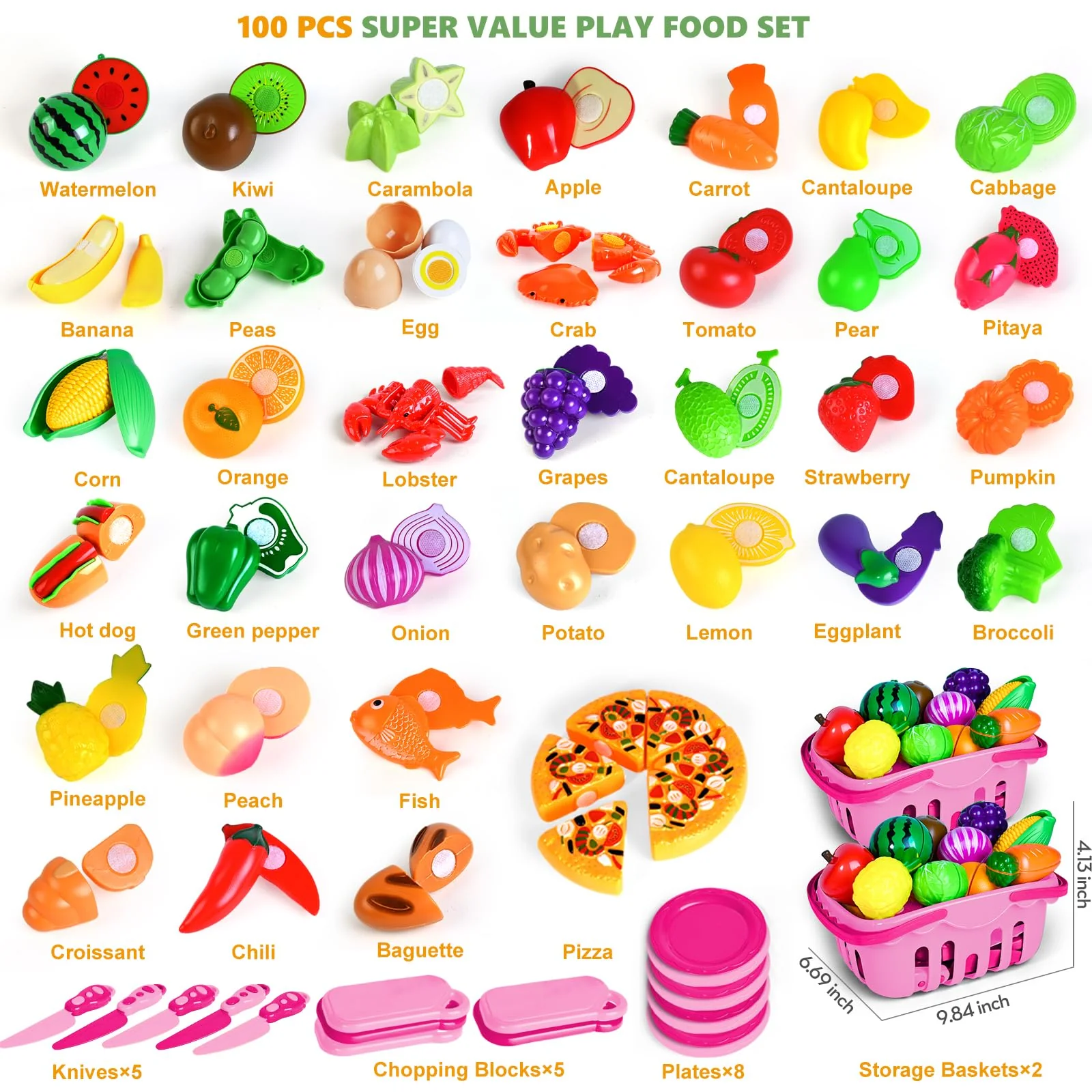 100 Pcs Play Food Set for Kids Kitchen, Pretend Food Toy for Toddlers, Play Kitchen Toys Accessories with 2 Baskets, Cutting Fake Food/Fruit/Vegetable, Christmas Birthday Gifts for Boys and Girls - Image 6