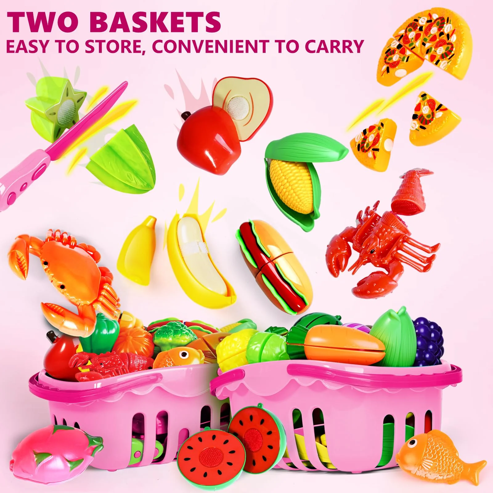 100 Pcs Play Food Set for Kids Kitchen, Pretend Food Toy for Toddlers, Play Kitchen Toys Accessories with 2 Baskets, Cutting Fake Food/Fruit/Vegetable, Christmas Birthday Gifts for Boys and Girls - Image 5