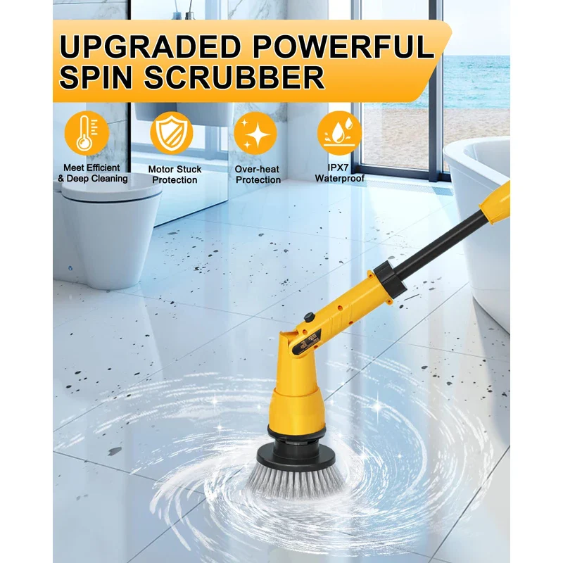 1000RPM Electric Spin Scrubber, 20V Cordless Cleaning Brush with Adjustable Extension Arm, 4 Replaceable Cleaning Heads, Hook and Gloves, 1 Hour Fast Charge, Waterproof - for Bathroom/Tub/Tile/Floor - Image 4
