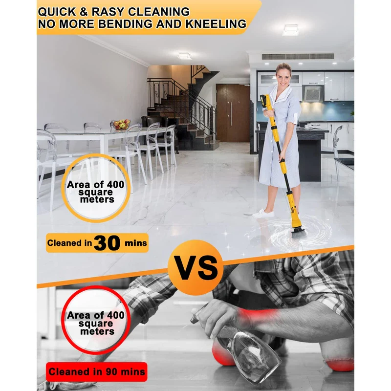 1000RPM Electric Spin Scrubber, 20V Cordless Cleaning Brush with Adjustable Extension Arm, 4 Replaceable Cleaning Heads, Hook and Gloves, 1 Hour Fast Charge, Waterproof - for Bathroom/Tub/Tile/Floor - Image 5