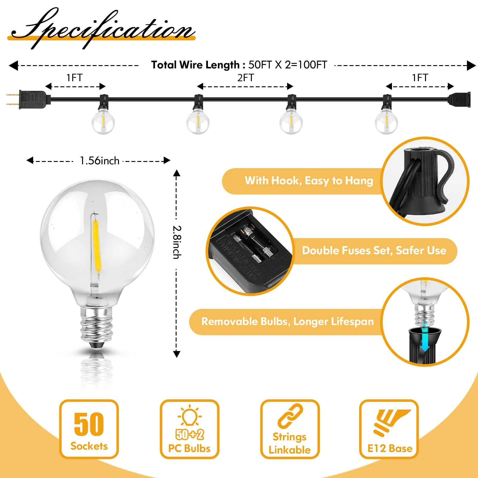 100FT LED Outdoor String Lights Patio Light with 52 Shatterproof G40 Dimmable Globe Bulb, 2-Pack 50FT Waterproof Outside Hanging String Light for Christmas Backyard Porch Balcony Gazebo Party - Image 3