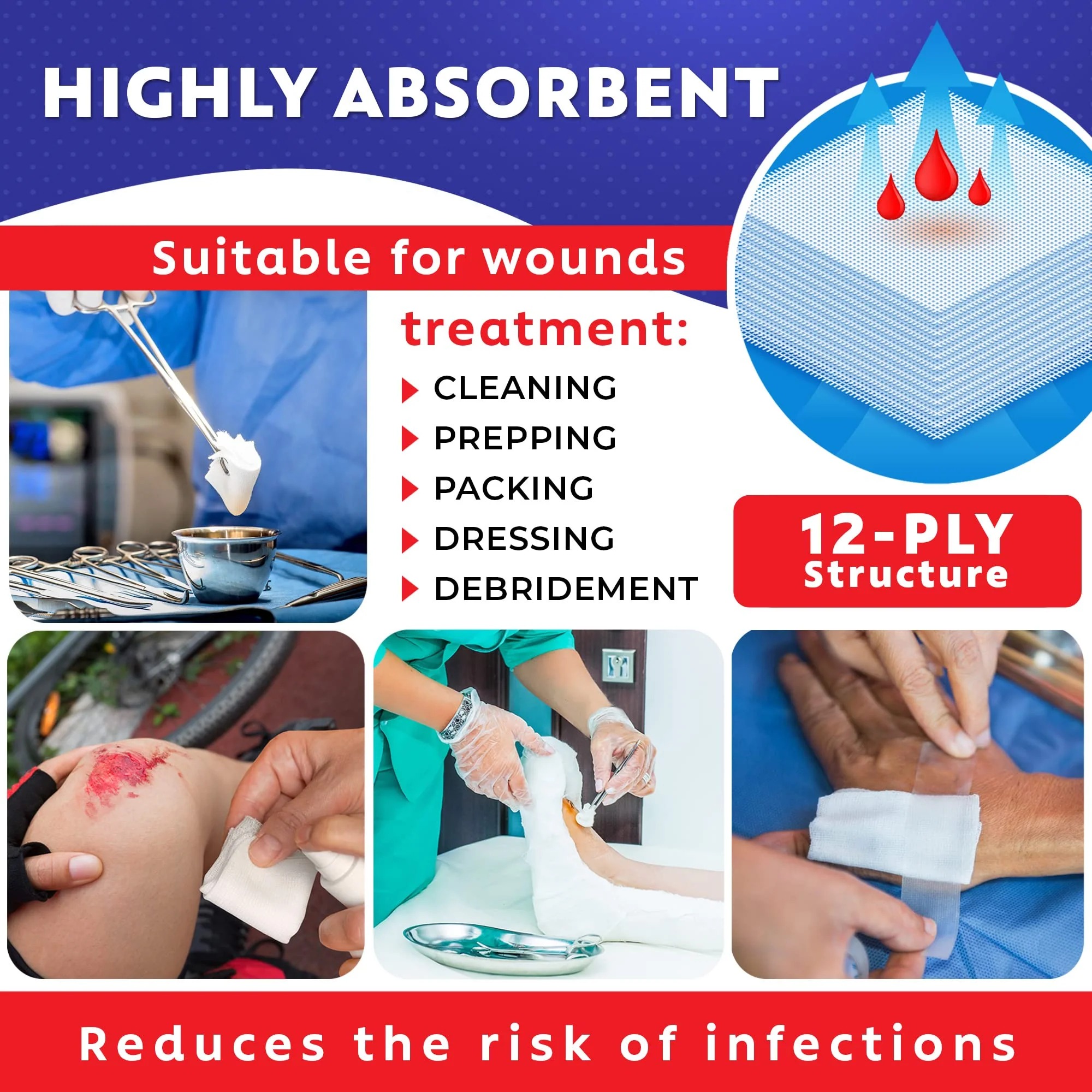 100pc Large Sterile Gauze Pads 4x4 Sterile for Wounds Bulk - 12ply Woven Gauze Sponges 4x4 Sterile - USP IV Breathable Mesh 4x4 Gauze Pads Sterile for Enhanced Absorption - First Aid Medical - Image 5