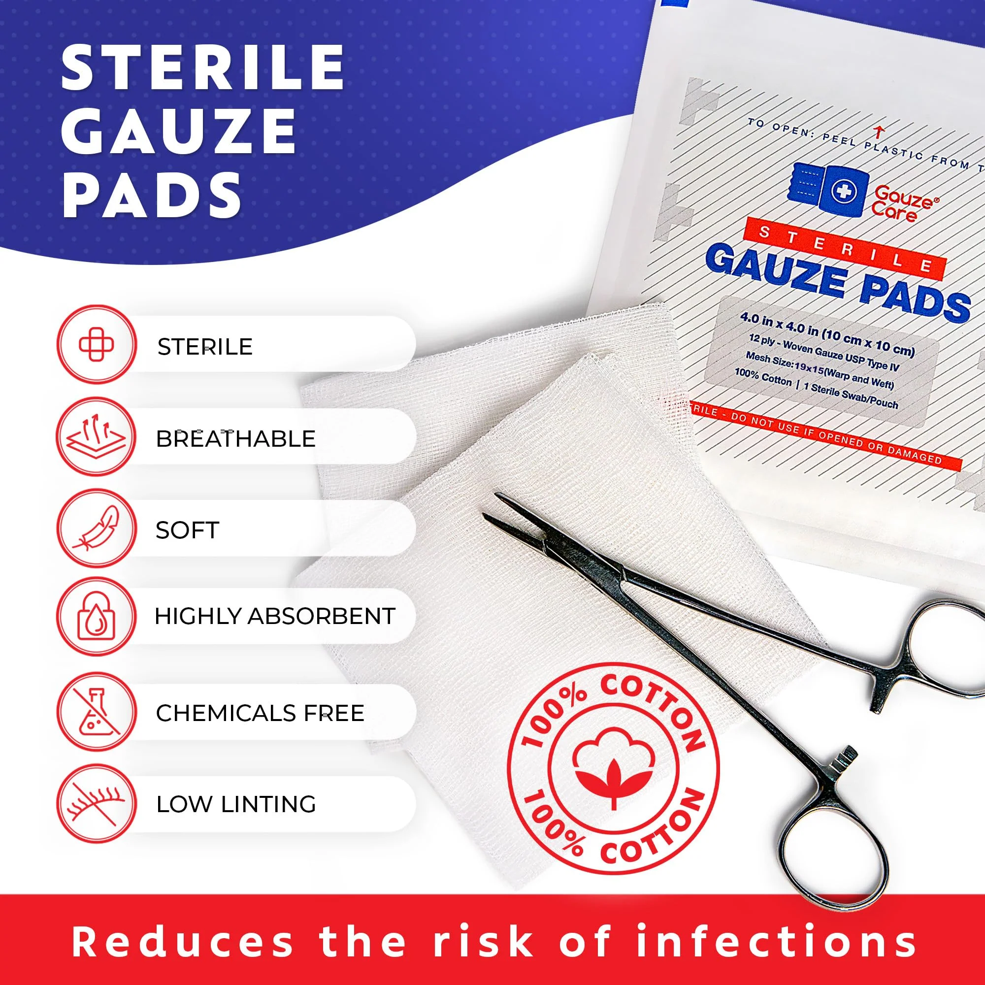 100pc Large Sterile Gauze Pads 4x4 Sterile for Wounds Bulk - 12ply Woven Gauze Sponges 4x4 Sterile - USP IV Breathable Mesh 4x4 Gauze Pads Sterile for Enhanced Absorption - First Aid Medical - Image 6