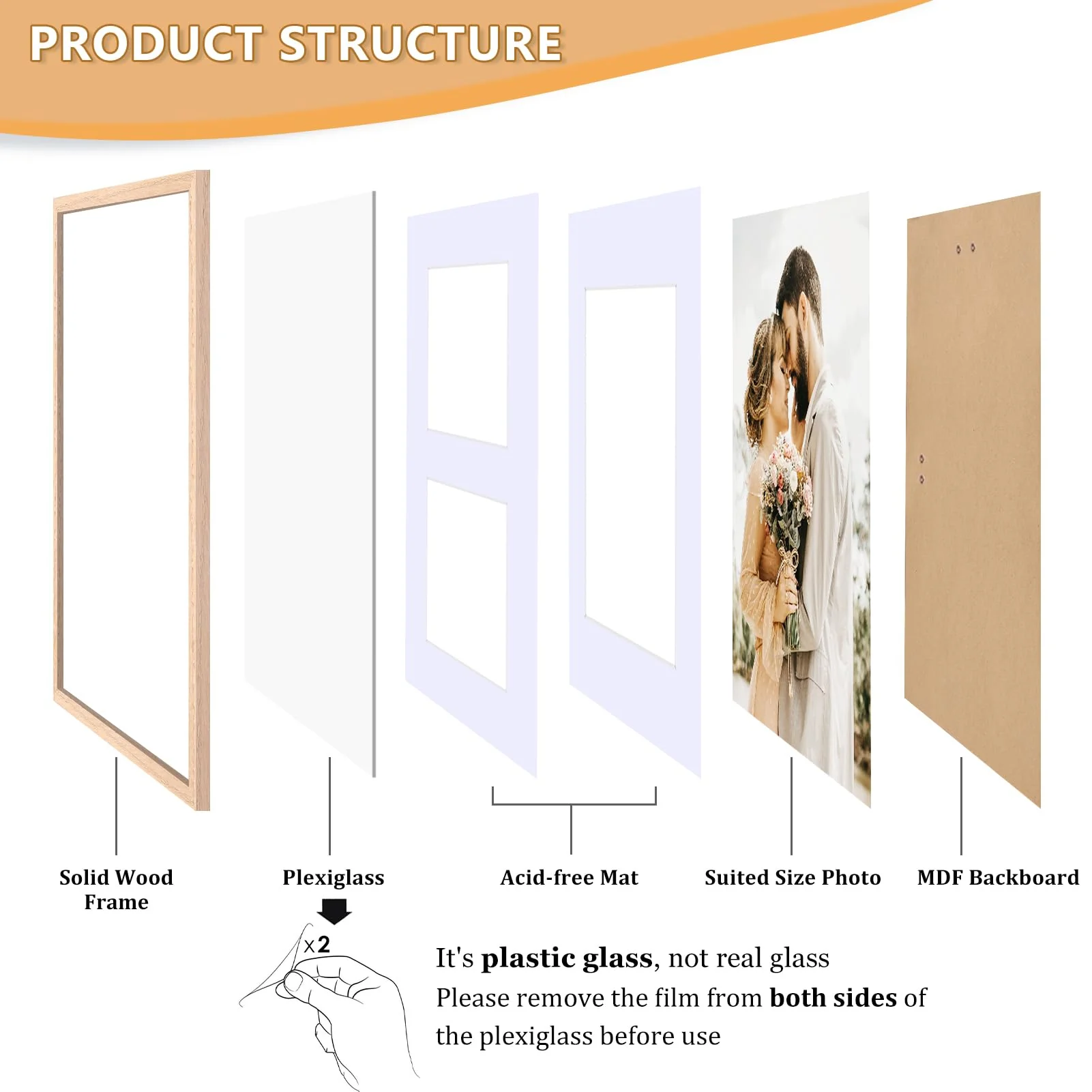 11x14 Picture Frame, Solid Oak Wood Frame 8x10 with Mat or 5x7 with 2 Mat or 11x14 without Mat with Perspex Glass, 11 x 14 Frame for Wall Display Art Photo, Poster, Birthday Christmas Gift, Set of 4 - Image 6