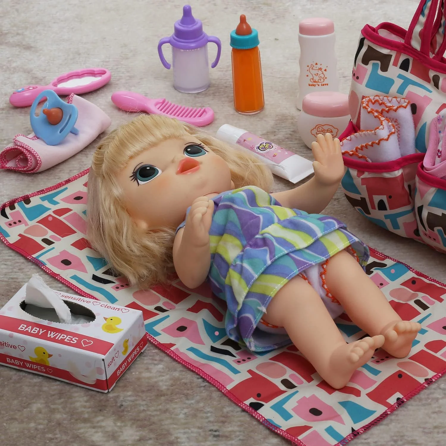 14 Pack Baby Doll Accessories, Baby Doll Feeding and Caring Set Includes Diaper Bag, Doll Diapers, Magic Bottle, Changing Mat for Girl Toddler Kid, Babies Pretend Play Set for Birthday Gift Christmas - Image 2