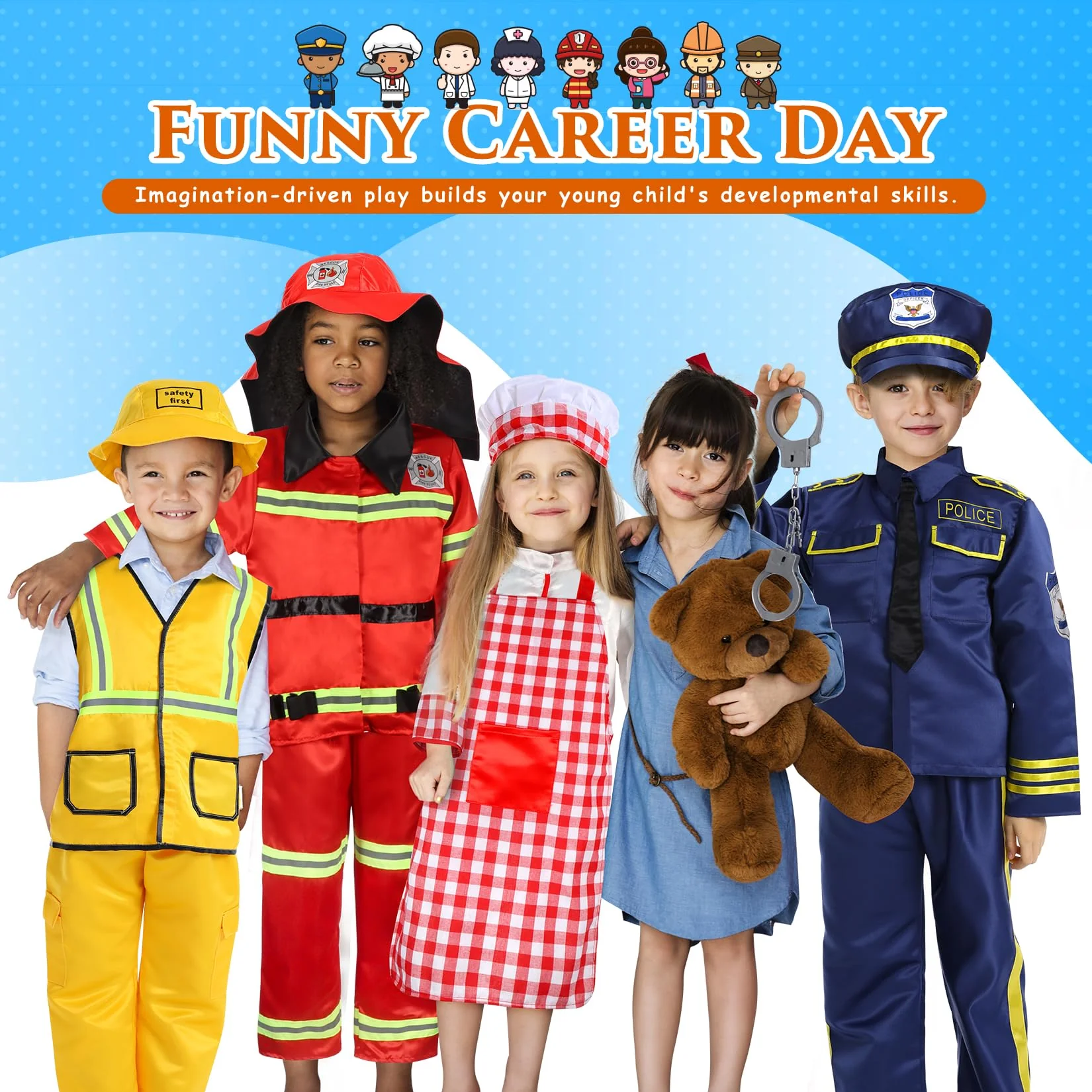 14Pcs Toddler Dress up Clothes,Boys Dress up Costumes for Play,Kids Dress up Set with Firefighter,Construction Worker,Chef,Police Costume,Toddler Boy Toys Christmas Birthday Gifts for 3-6 Years Old - Image 2