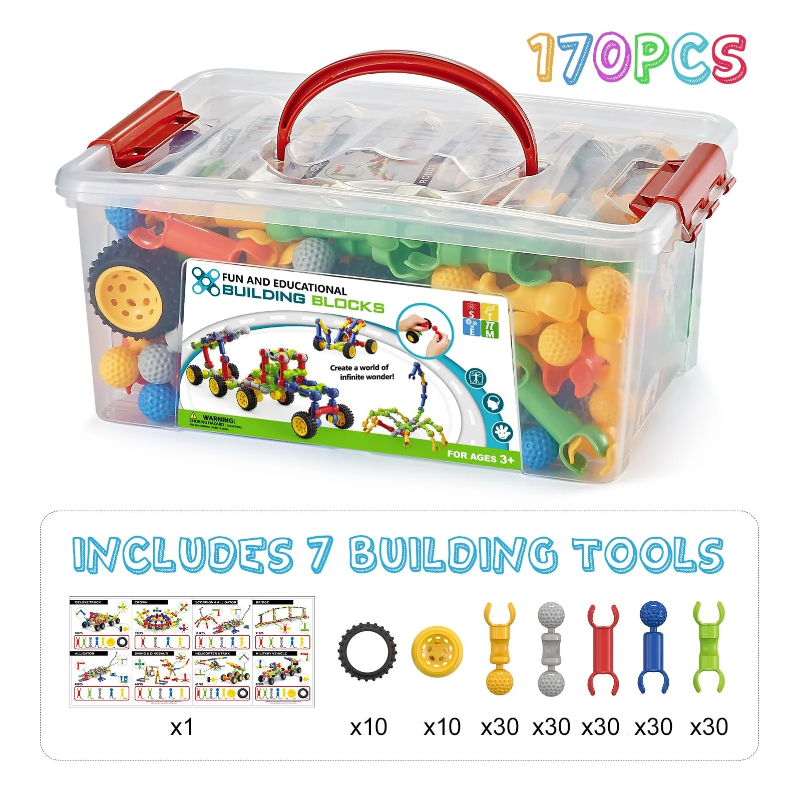 170 Pcs Building Toys for Kids Ages 4-8 with Toy Box Storage, Idea Guide, Building Blocks STEM Toys for 3 4 5 6 7 8 9 Year Old Creative Kids Activity, Christmas Birthday Gifts for Boys Girls - Image 8
