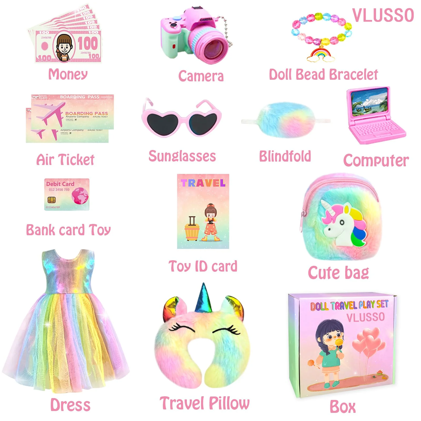 19Pcs 18 inch Girl Doll Accessories Case Luggage Travel Play Set with Clothes Camera Travel Pillow Bag Dress Glasses Stuff Fit 18 inch Doll Christmas Birthday Gift - Image 5