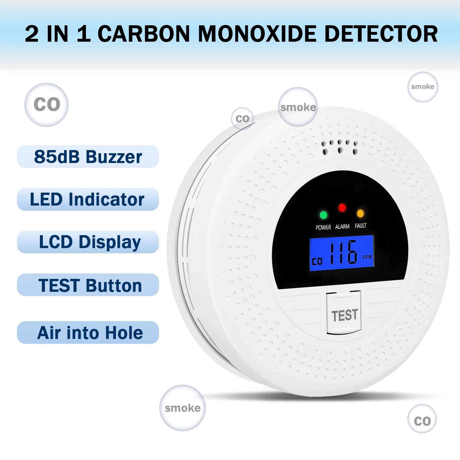 2-in-1 Combination Smoke and Carbon Monoxide Detector, Battery Powered Detector with Test Button, Digital Display, 85dB Warning Sound, Easy Installation - Image 2