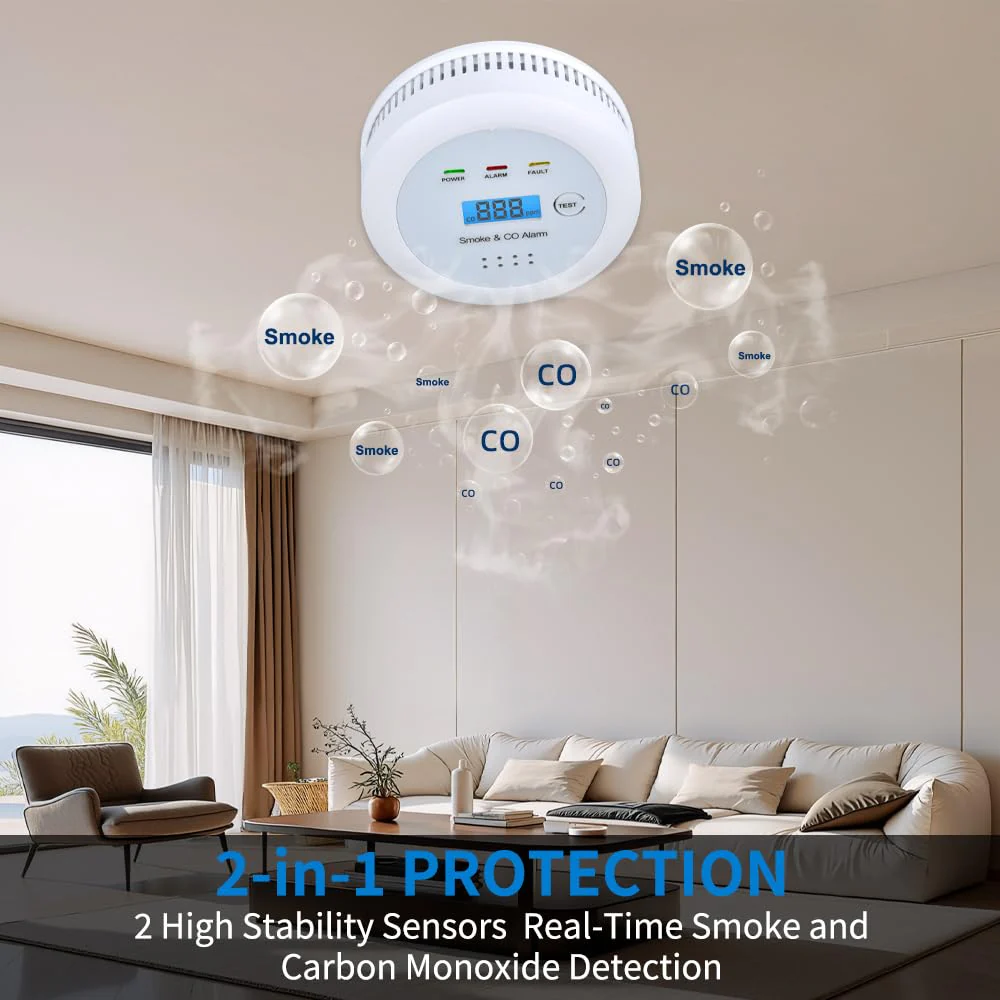 2 in1 Smoke Detector Carbon Monoxide Detector Combo,with LCD Digital Display and Sound Warning Test Button,Battery Powered,Easy Installation, for Home, Bedroom, Kitchen (3PACKS) - Image 5