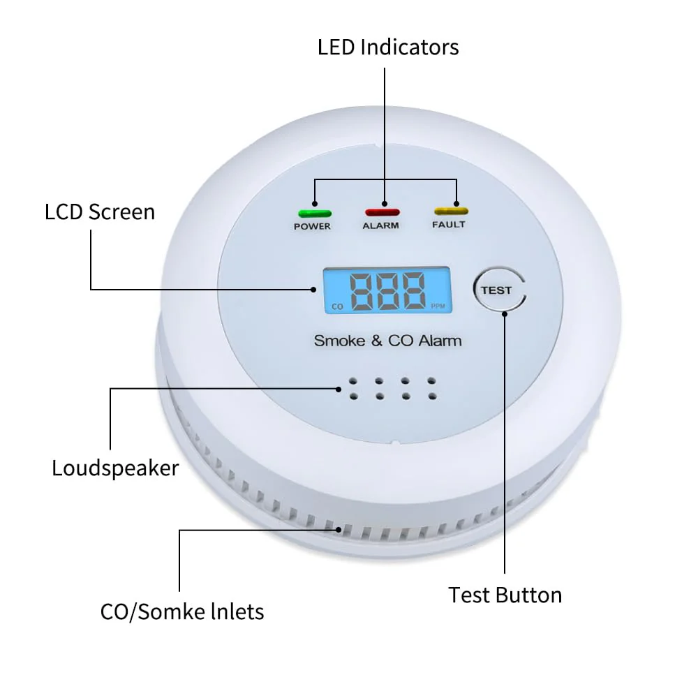 2 in1 Smoke Detector Carbon Monoxide Detector Combo,with LCD Digital Display and Sound Warning Test Button,Battery Powered,Easy Installation, for Home, Bedroom, Kitchen (3PACKS) - Image 6
