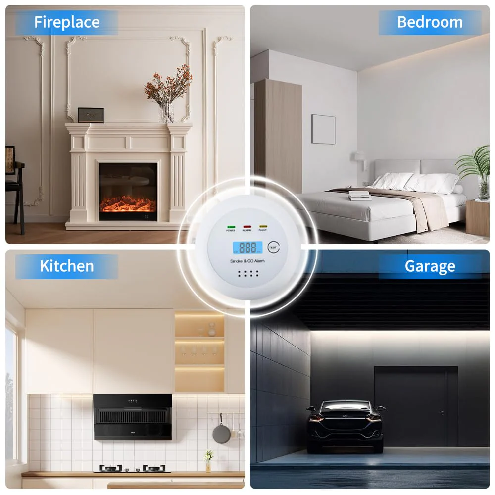 2 in1 Smoke Detector Carbon Monoxide Detector Combo,with LCD Digital Display and Sound Warning Test Button,Battery Powered,Easy Installation, for Home, Bedroom, Kitchen (3PACKS) - Image 7