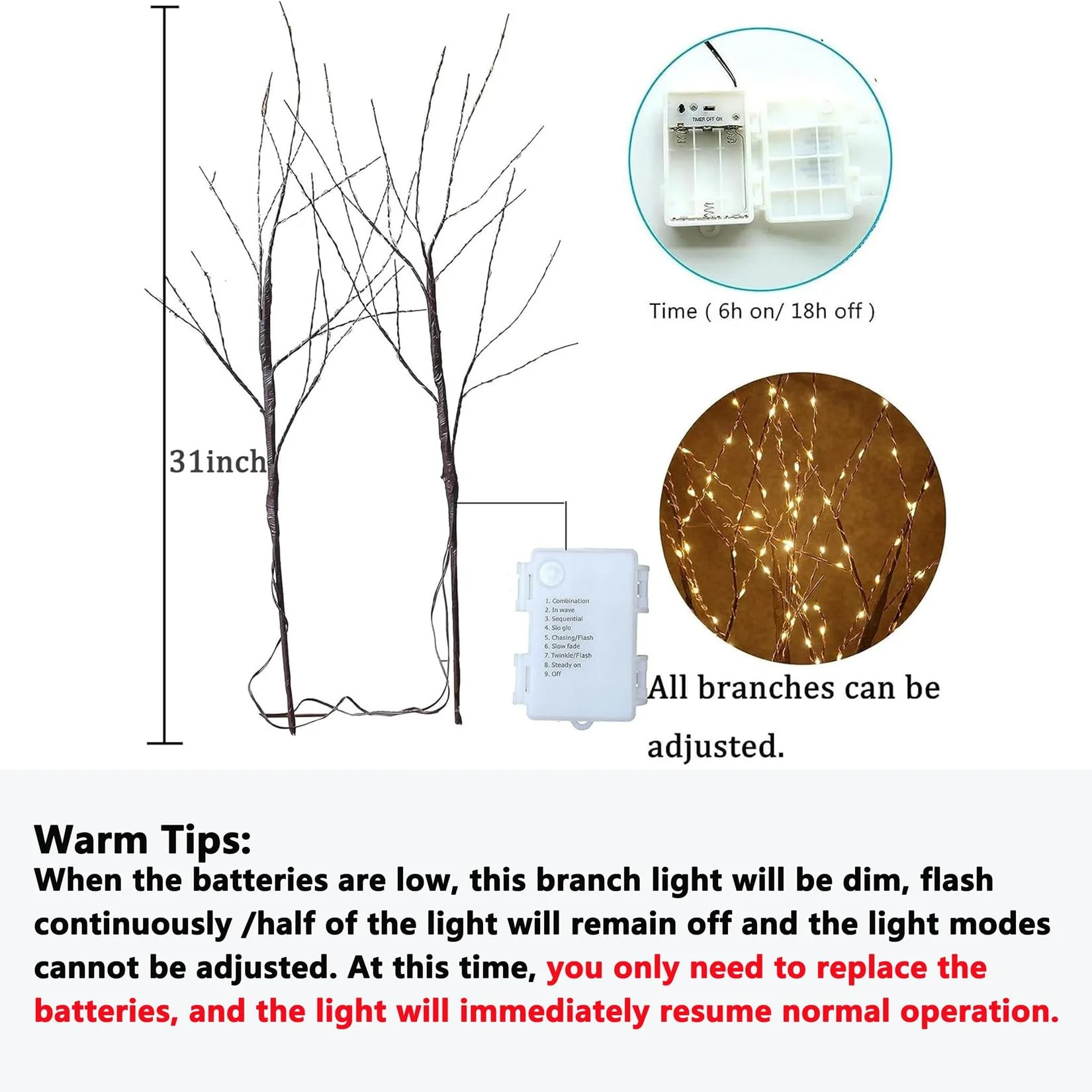 2 Pack Lighted Prelit Twig Tree Branches Lights with Timer, Battery Operated, Christmas Holiday Decorative Sticks Vase Filler for Home Decoration (31inch) - Image 6