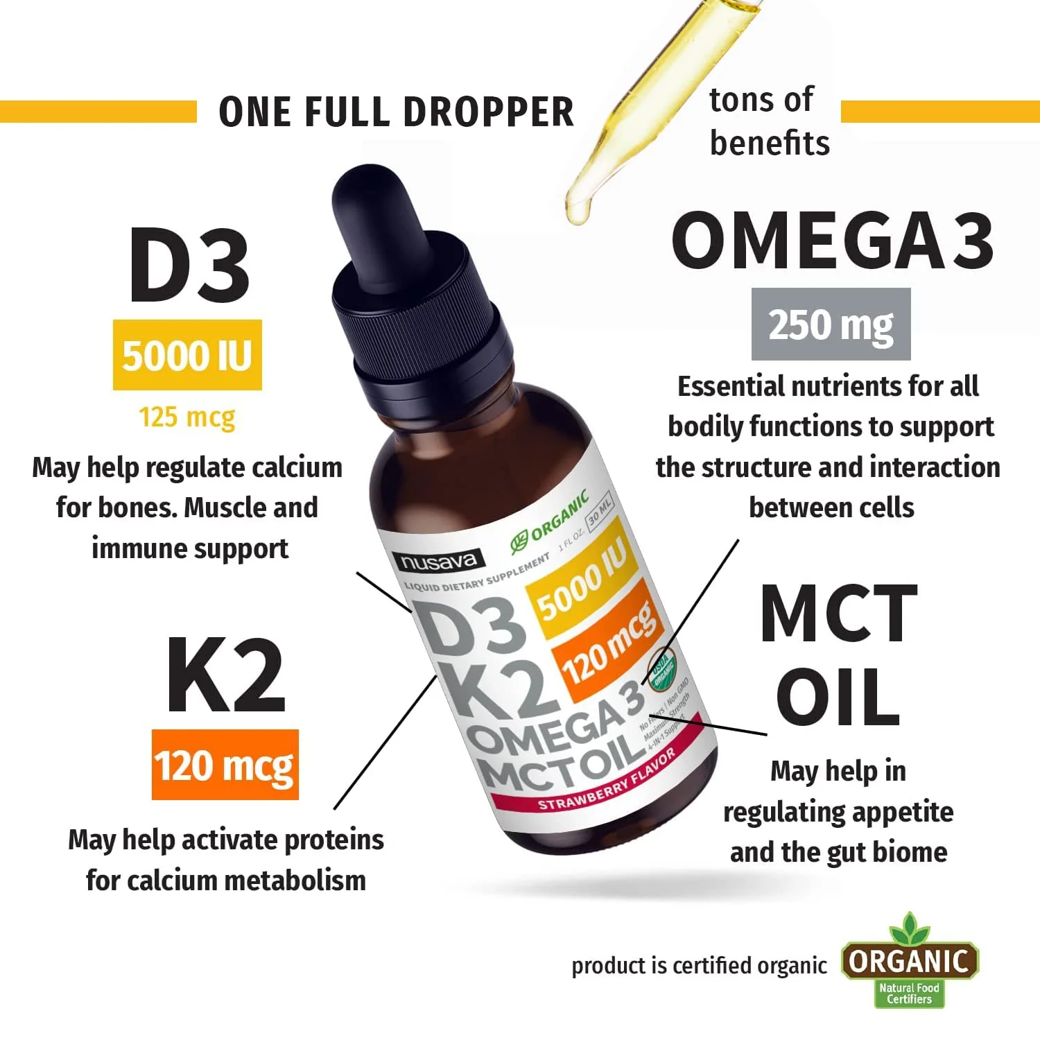 (2 Pack) Organic Vitamin D3 K2 Drops 5000 IU with MCT Oil Omega 3 - Maximum Strength Liquid D3 with No Fillers, Non-GMO for Faster Absorption, Immune Support (Strawberry, 2 Fl Oz) - Image 8