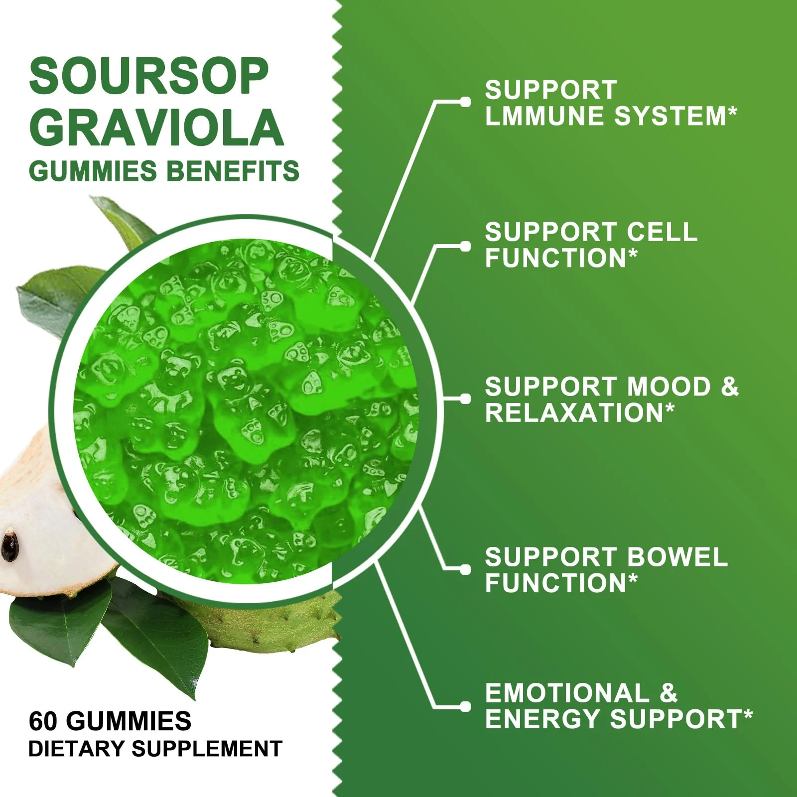(2 Pack) Soursop Graviola Gummies - 2200mg Extra Strength Soursop Leaves Extract w/Sea Moss Extract 200mg, Zinc & Vitamin C - Supports Immunity, Liver & Digestive, Gluten Free, Vegan, 120 Gummies - Image 5