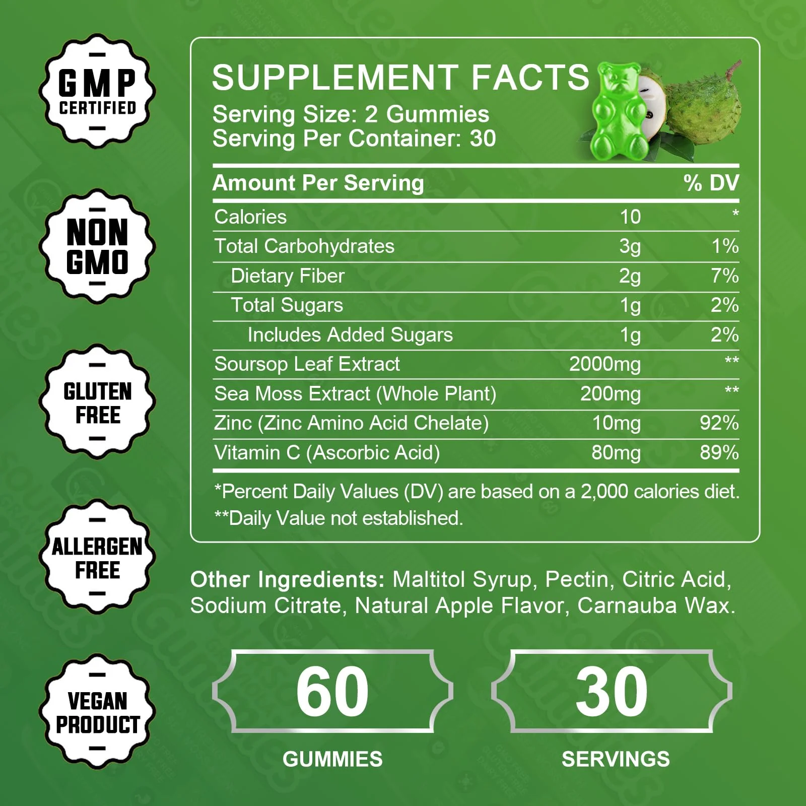(2 Pack) Soursop Graviola Gummies - 2200mg Extra Strength Soursop Leaves Extract w/Sea Moss Extract 200mg, Zinc & Vitamin C - Supports Immunity, Liver & Digestive, Gluten Free, Vegan, 120 Gummies - Image 7