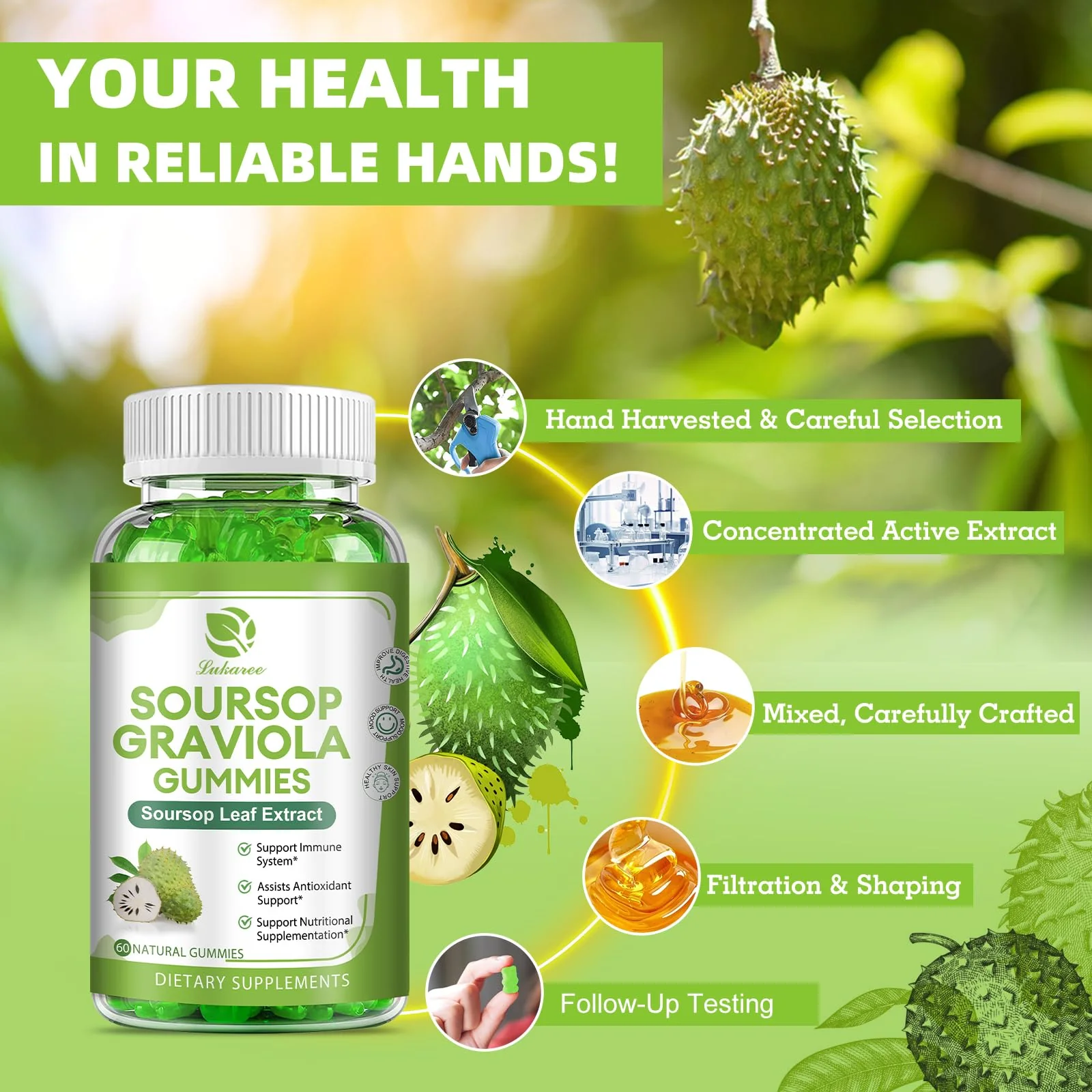(2 Pack) Soursop Graviola Gummies - Soursop Leaves Extract w/Vitamin C, Zinc & Whole Natural Food for Immunity, Liver, Zzz & Antioxidant, Gluten Free, Vegan, 120 Gummies - Image 4