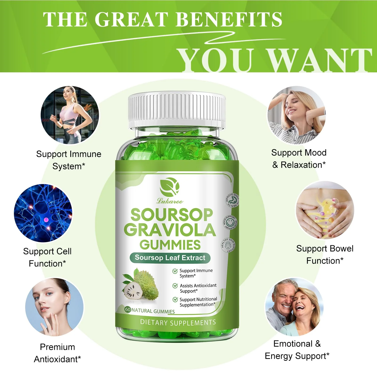 (2 Pack) Soursop Graviola Gummies - Soursop Leaves Extract w/Vitamin C, Zinc & Whole Natural Food for Immunity, Liver, Zzz & Antioxidant, Gluten Free, Vegan, 120 Gummies - Image 5