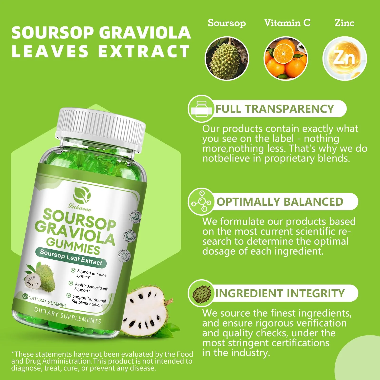 (2 Pack) Soursop Graviola Gummies - Soursop Leaves Extract w/Vitamin C, Zinc & Whole Natural Food for Immunity, Liver, Zzz & Antioxidant, Gluten Free, Vegan, 120 Gummies - Image 6