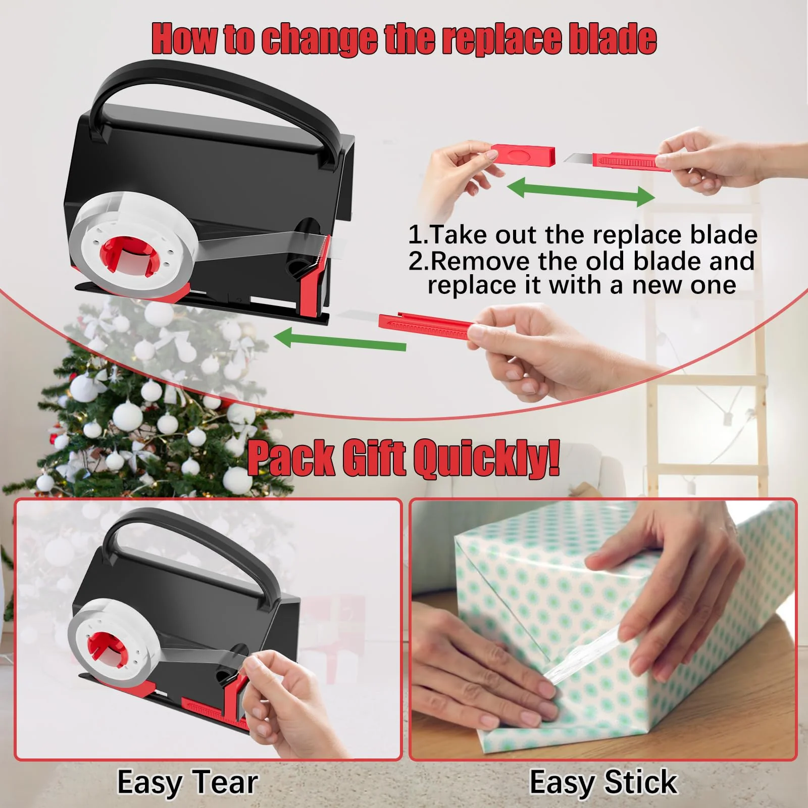 2-Pack Wrapping Paper Cutter & Tape Dispenser for Christmas Gift, Improve Gift Packaging Efficiency, Makes The Cutting line straighter, Cutting Tool with 4 Tapes,2 Replace Blades Kit, Red and Black - Image 6