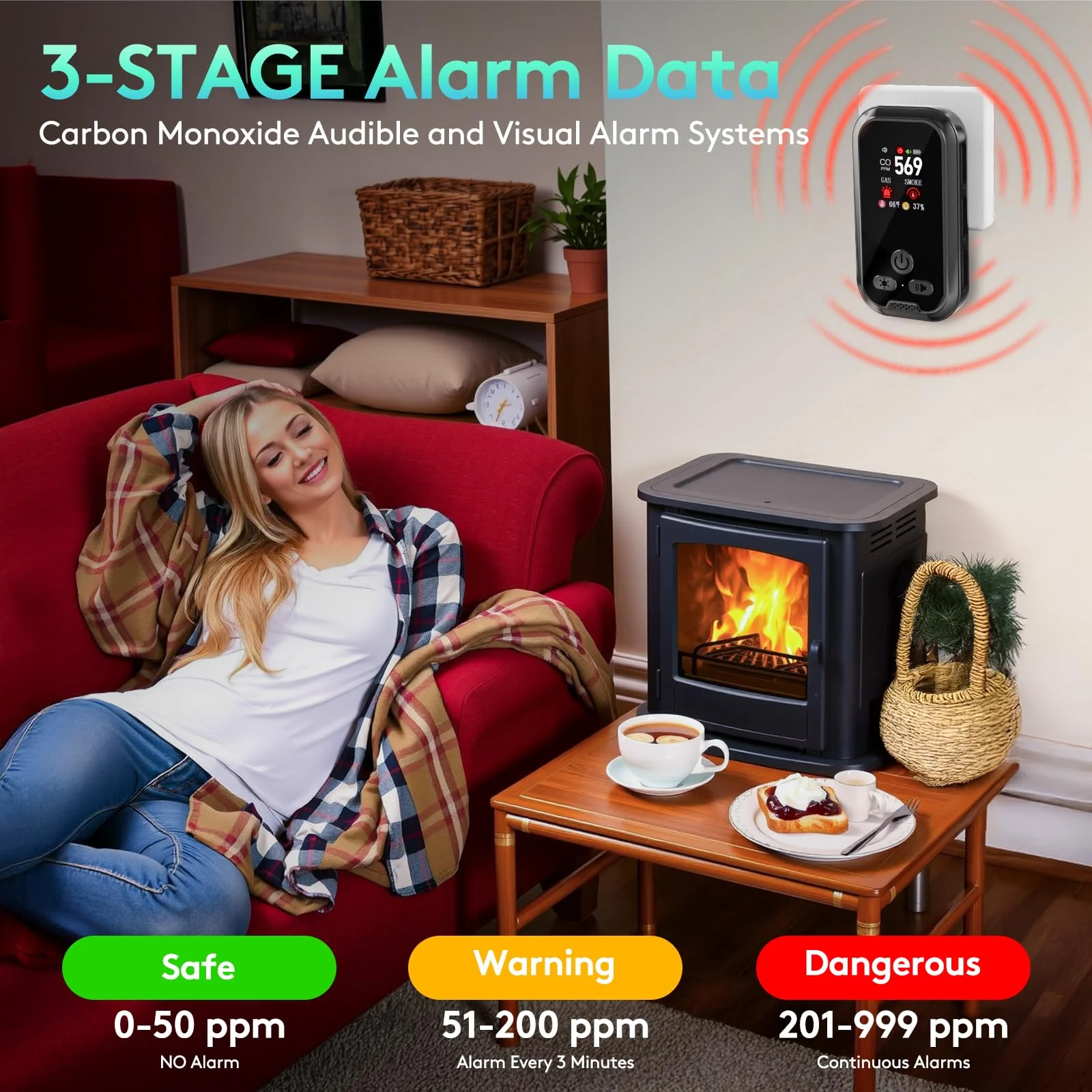 2 Packs, Plug-in Carbon Monoxide Detector, 5-in-1, with HD Display, 3Icons, for Gas, CO, Smoke, Display Temperature, Humidity, 100dB Alarm,Built-in Battery for Portable Use, Display Power Level,Black - Image 6
