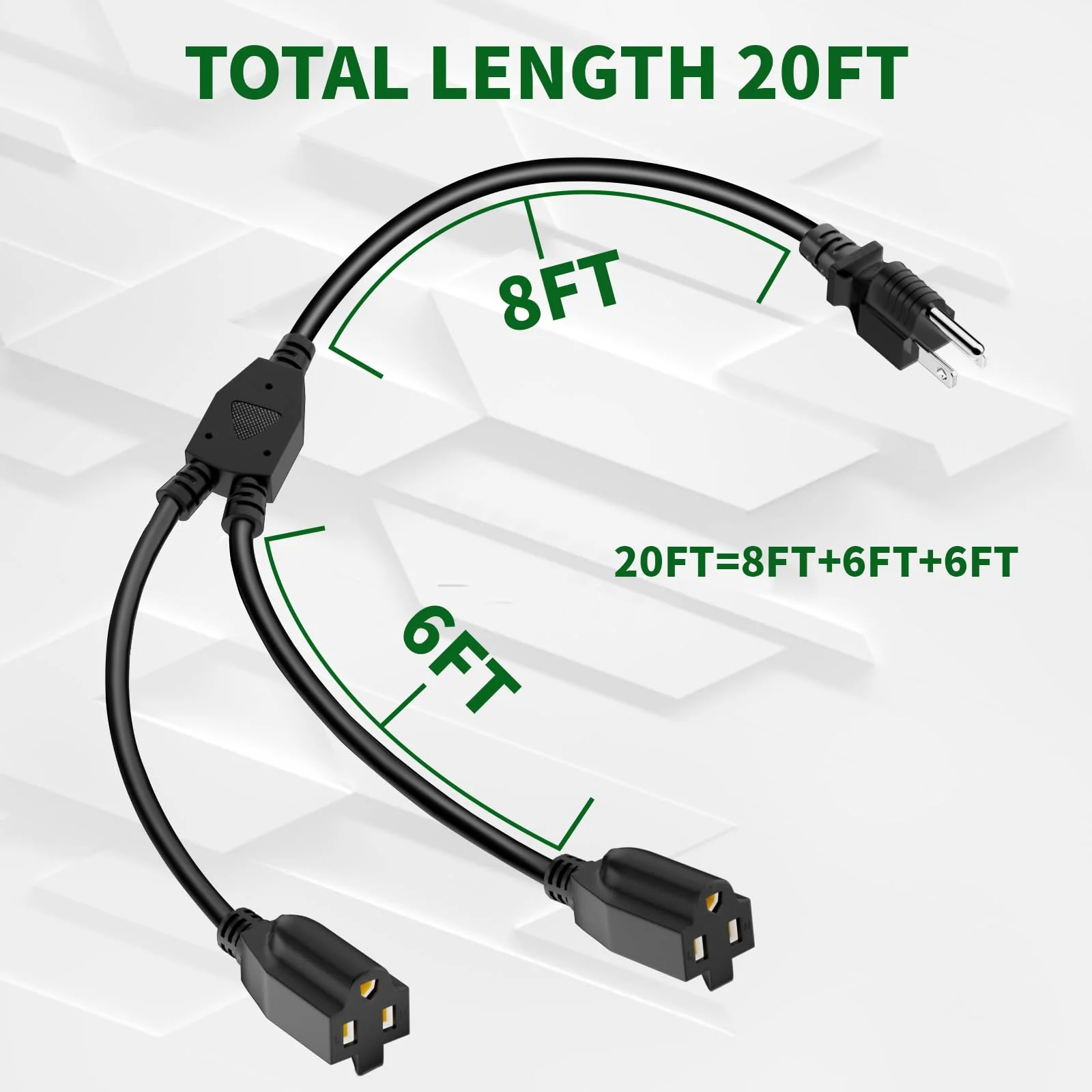2 Way Power Extension Cord Splitter 20 Ft Total (8+6+6)-3 Prong 1 to 2 Extension Cord Cable Y Splitter-Outlet Adatper-SJTW Outdoor for Halloween Christmas Lighting Landscaping-16AWG 13A 125V-UL-1T2 - Image 7
