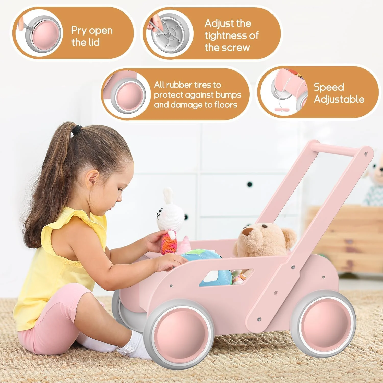 2025 HOMEKOL Wooden Baby Walker,Baby Push Walker, Adjustable Speed Baby Walker for Boys and Girls, Baby Activity Center, Gift for Birthday, Christmas and New Year Nature Pink - Image 3