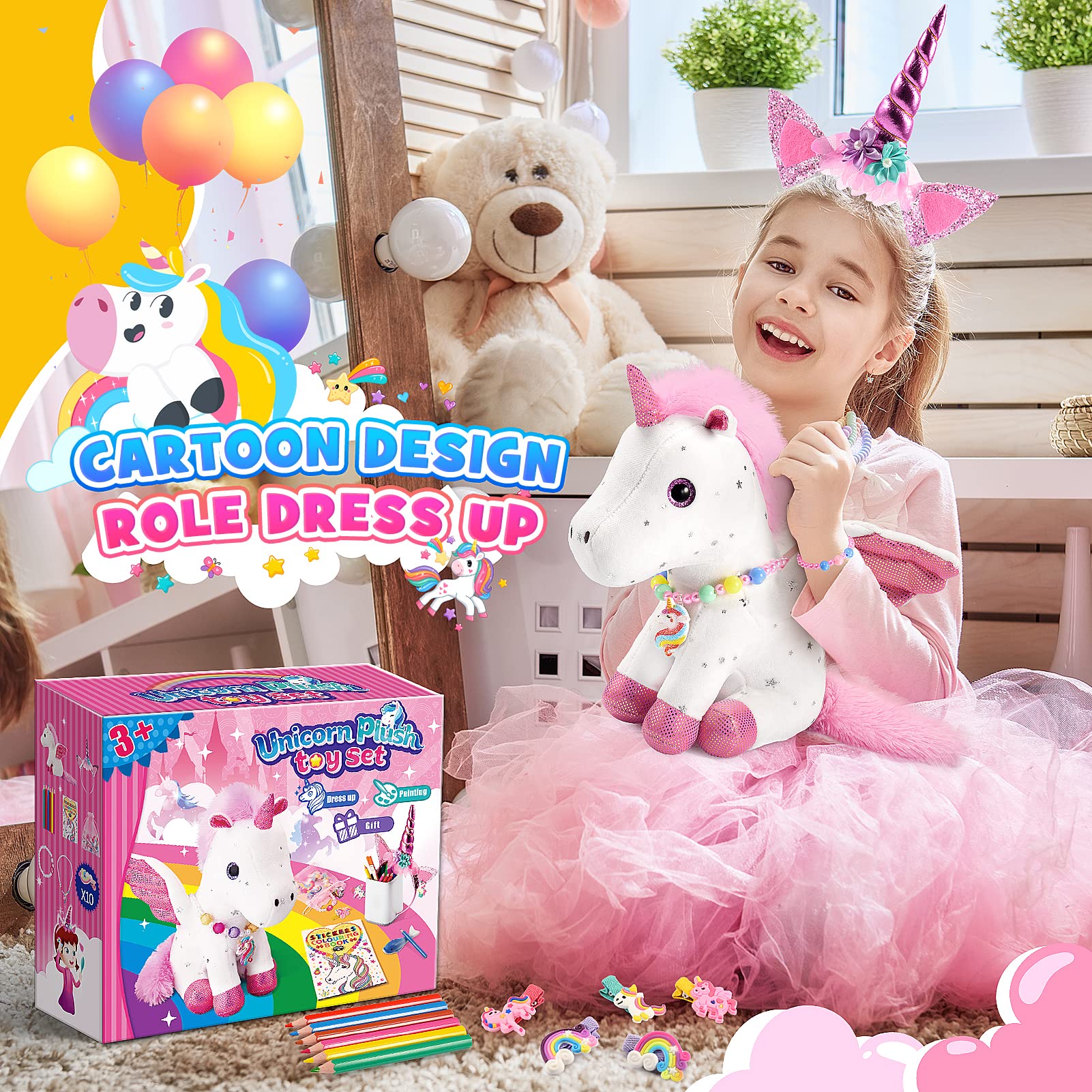 21-Piece Unicorn Gift Set for Girls Ages 3-8 | Soft Plush Stuffed Animals & Dress-Up Accessories Bundle | Idea Birthday Gifts, Christmas Presents, Party Favor for Kids Toddler Girls - Image 4