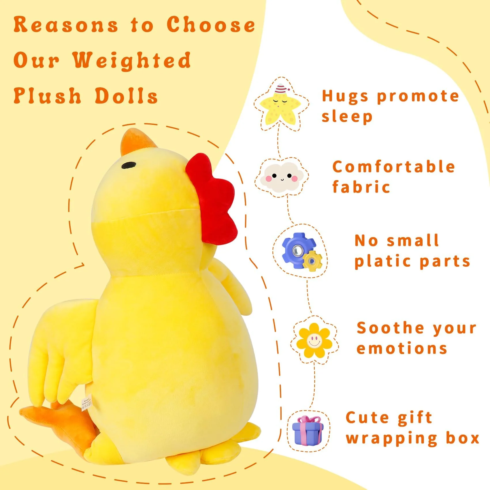 24" 4.2 lbs Weighted Stuffed Animals, Weighted Chicken Plush, Cute Weighted Stuffed Animal Chick Plushie Dolls Throw Pillow Birthday Christmas Gifts for Children Kids Adults - Image 3