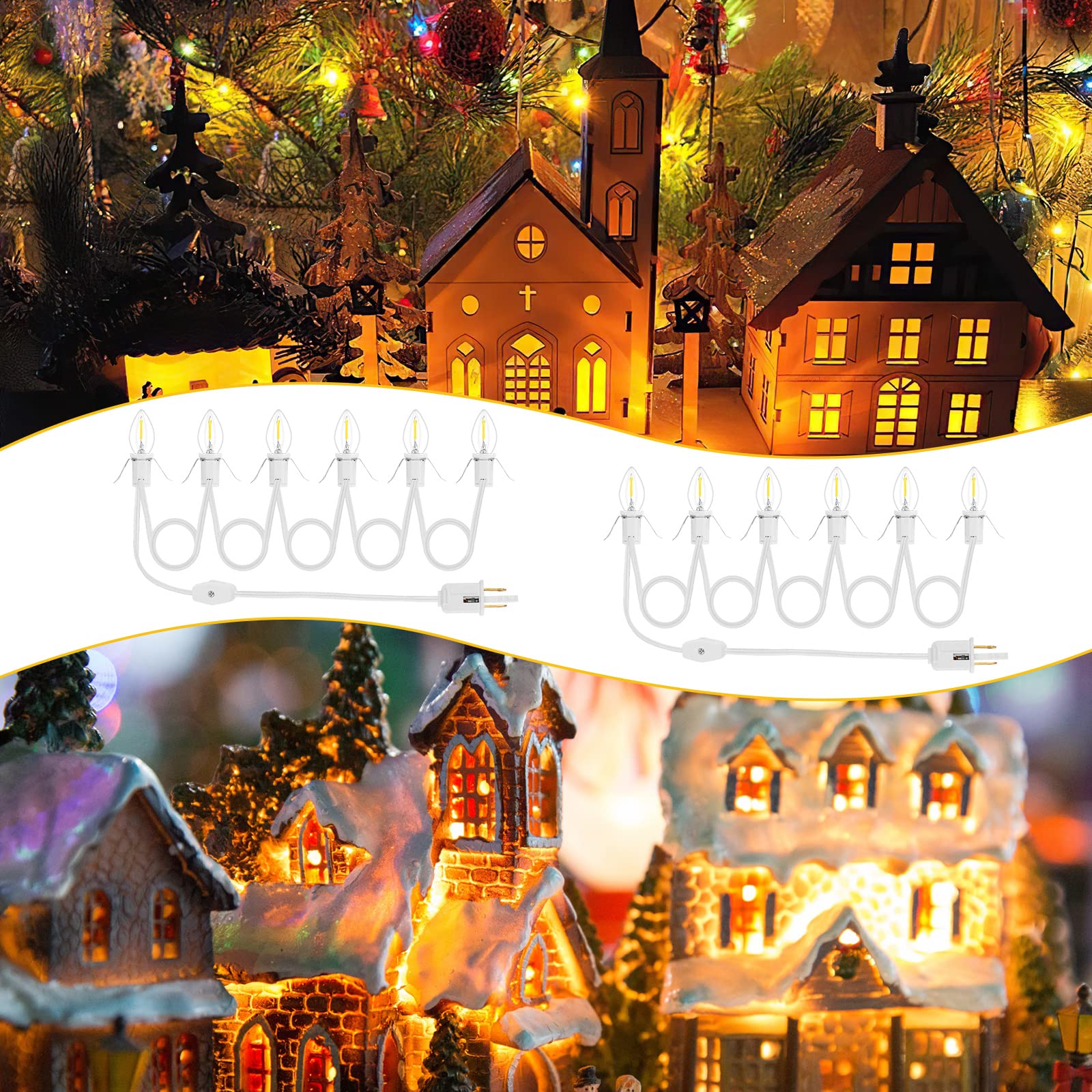 2Pack Accessory Cord with 12 LED Light Bulbs Christmas Village String Light 10.3FT White Cord with Spare Fuse Warm White C7 Lamp for Halloween Pumpkins Christmas Village Houses and Craft Decoration - Image 3