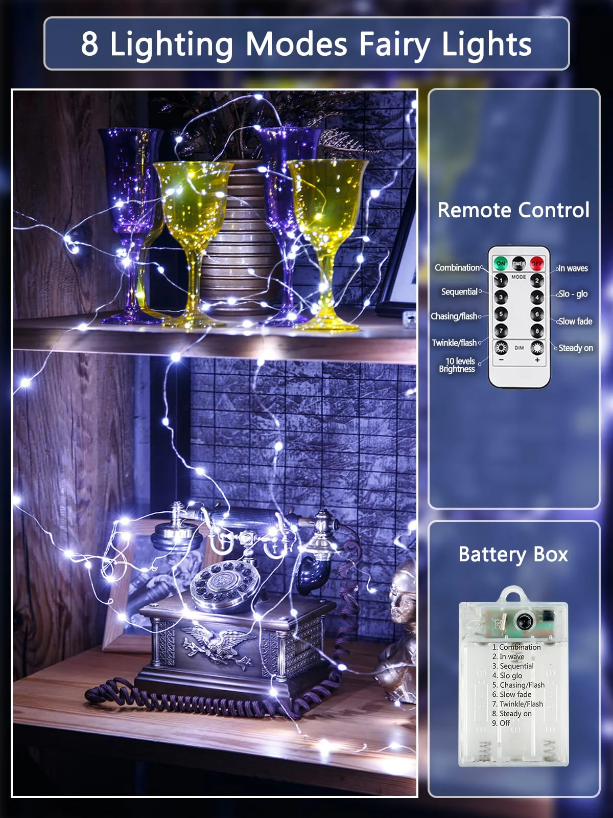 3 Pack Fairy Lights Battery Operated with Remote Control Timer, 26 FT 80 LED String Lights Outdoor Indoor, 8 Mode Twinkle Lights for Christmas Party Wedding Birthday Bedroom Décor (Cool White) - Image 8