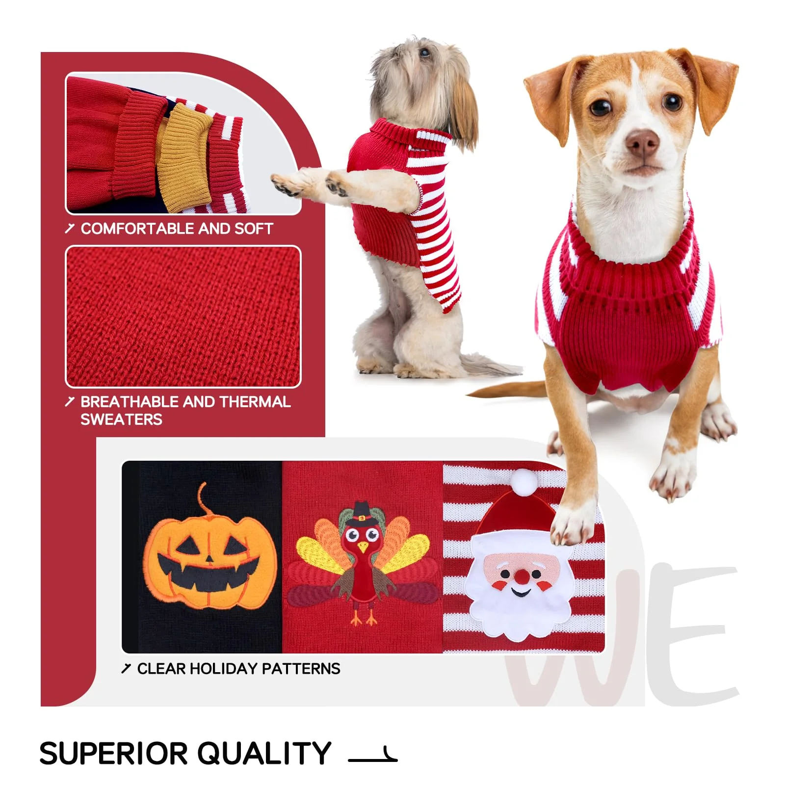 3 Pack Halloween Thanksgiving Christmas Dog Cat Knit Sweater Set - Dog Clothes with Santa Pattern Pumpkin Turkey Pets Costumes-Dog Fall Sweaters for Holiday(m) - Image 3