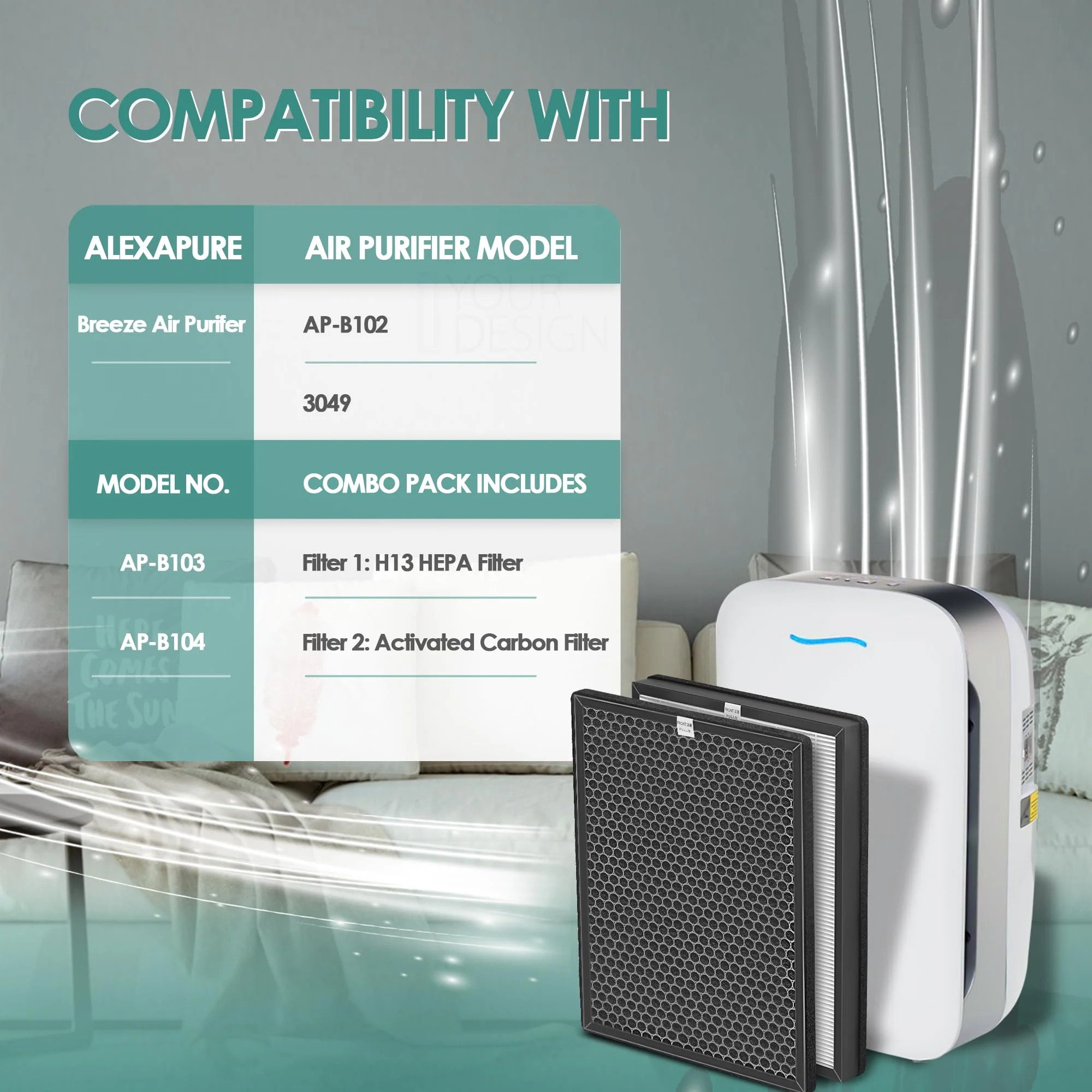 3-Set Alexapure Breeze Filter Replacement AP-B103 and AP-B104 Compatible with Alexapure Breeze Air Purifier AP-B102 and 3049 with 1x H13 True HEPA Filter AP-B103 and 1x Activated Carbon Filter AP-B104 - Image 7