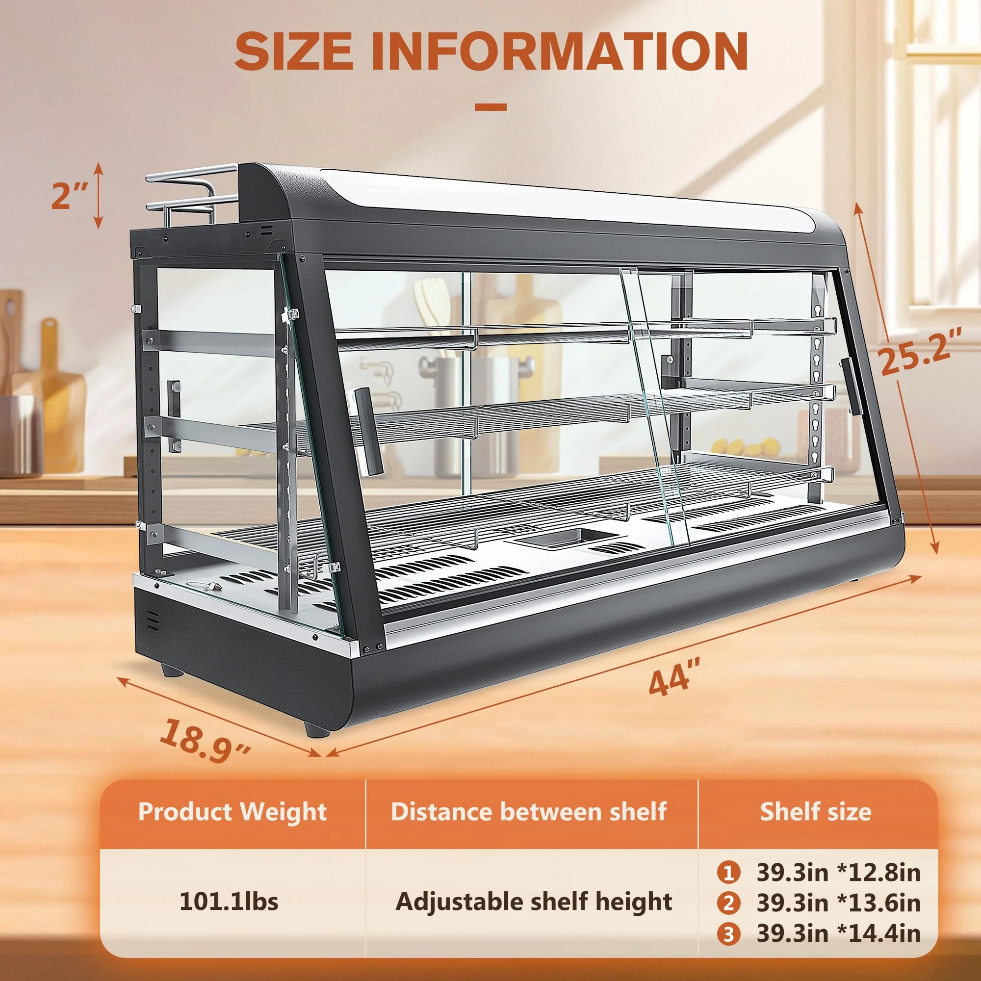 3-Shelf Commercial Food Warmer Display w/Top Rack, 44" Countertop Warmers Hot Box for Pizza/Pretzel/for Food Display, Heated Holding Cabinet Glass case, with LED Lighting for Buffet Restaurant - Image 6