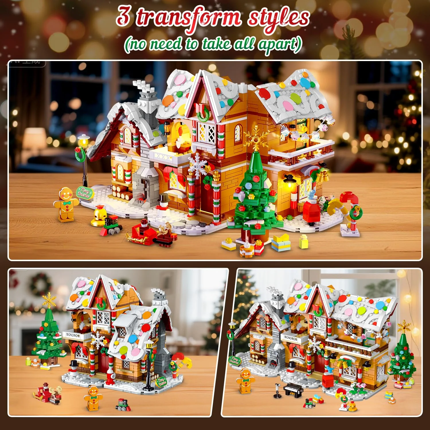 3 Style Christmas Gingerbread House Building Set with Lights - 2025 Christmas Castle Village Building Block Toy with Santa Claus Xmas Tree Train Gifts for Adults Kids Girls Boys Ages 6+ (1477PCS) - Image 14