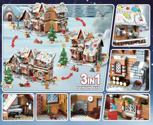 3 Style Christmas Gingerbread House Building Set with Lights - 2025 Christmas Castle Village Building Block Toy with Santa Claus Xmas Tree Train Gifts for Adults Kids Girls Boys Ages 6+ (1477PCS) - Image 6