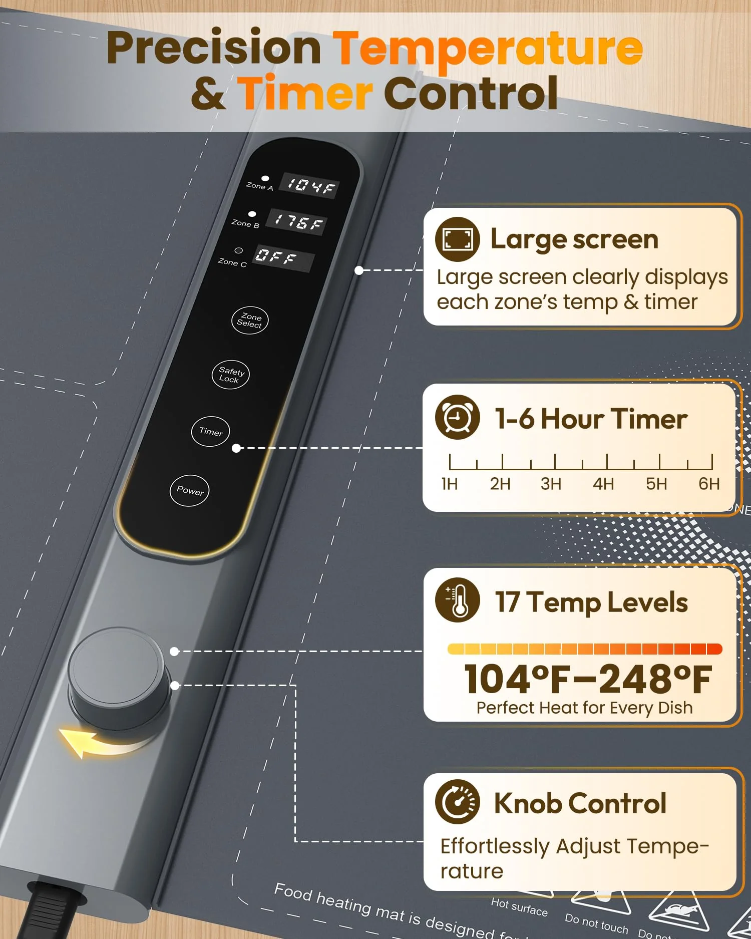 3-Zone Independent Warming Mat for Food 40"x17" XXL, Food Warming Mat with 17 Precise Temp Levels & 1–6H Timer, Heating Mat for Food, Silicone Roll-Up Food Warmer & Warming Tray for Party Buffets - Image 5