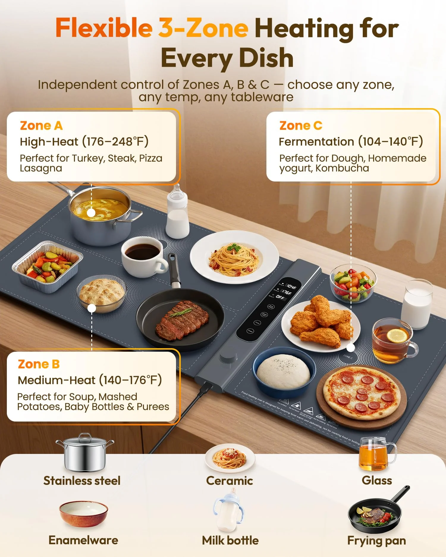 3-Zone Independent Warming Mat for Food 40"x17" XXL, Food Warming Mat with 17 Precise Temp Levels & 1–6H Timer, Heating Mat for Food, Silicone Roll-Up Food Warmer & Warming Tray for Party Buffets - Image 7