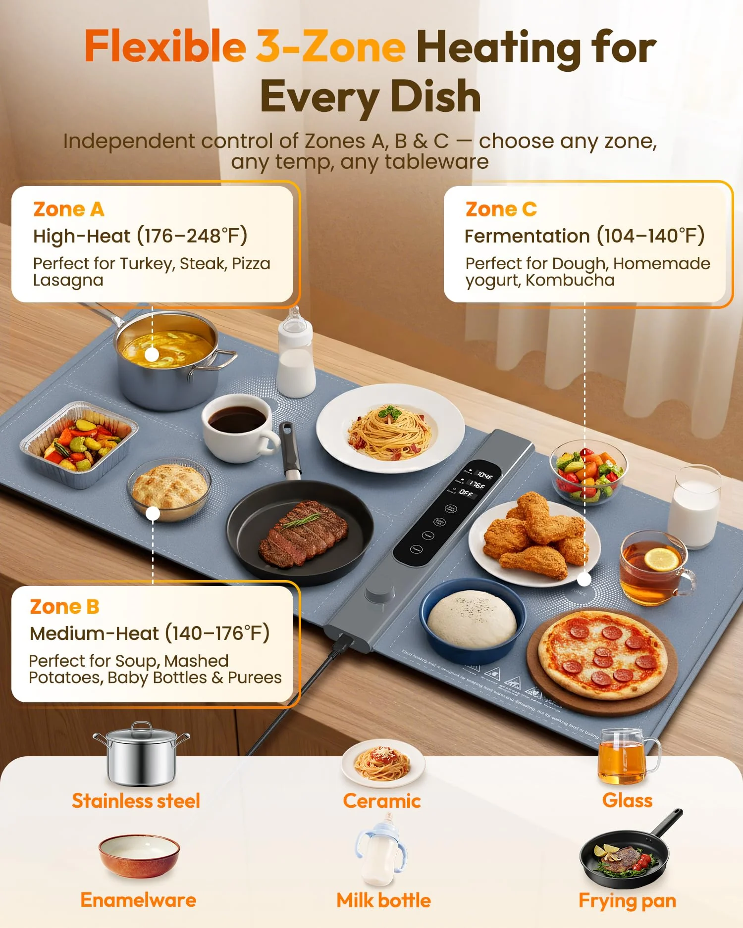 3-Zone Independent Warming Mat for Food 40"x17" XXL, Food Warming Mat with 17 Precise Temp Levels & 1–6H Timer, Heating Mat for Food, Silicone Roll-Up Food Warmer & Warming Tray for Party Buffets - Image 7