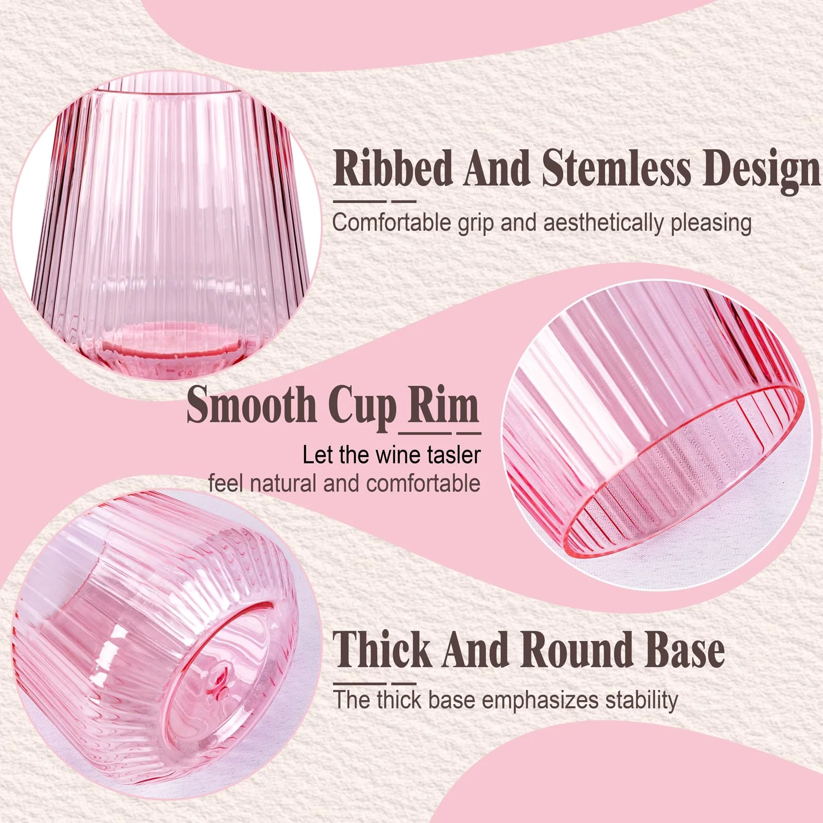 30 Pack Pink Plastic Ribbed Wine Glasses, 14 OZ Origami Stemless Disposable Wine Champagne Whiskey Glasses Unbreakable Clear Plastic Cocktail Glasses, Reusable Wine Cups for Party Wedding & Christmas - Image 5