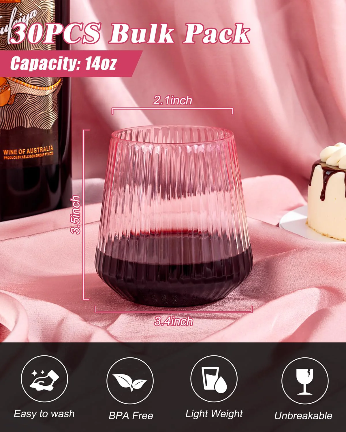 30 Pack Pink Plastic Ribbed Wine Glasses, 14 OZ Origami Stemless Disposable Wine Champagne Whiskey Glasses Unbreakable Clear Plastic Cocktail Glasses, Reusable Wine Cups for Party Wedding & Christmas - Image 6