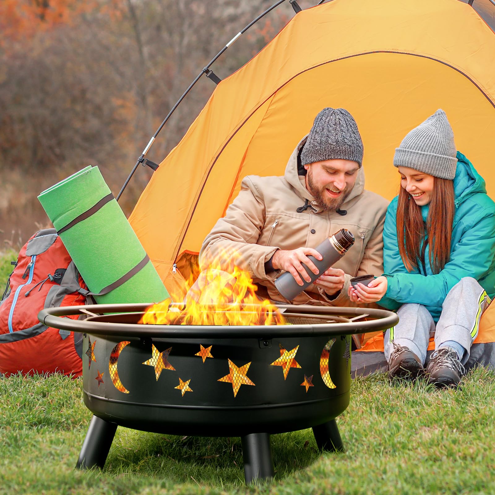32 Inch Round Fire Pit with Mesh Cover, Fire Poker, Star and Moon Design, Metal Wood Burning Outdoor Firepit for Patio, Backyard, Garden, Bonfire Party,Perfect for Christmas, Thanksgiving, Halloween - Image 4