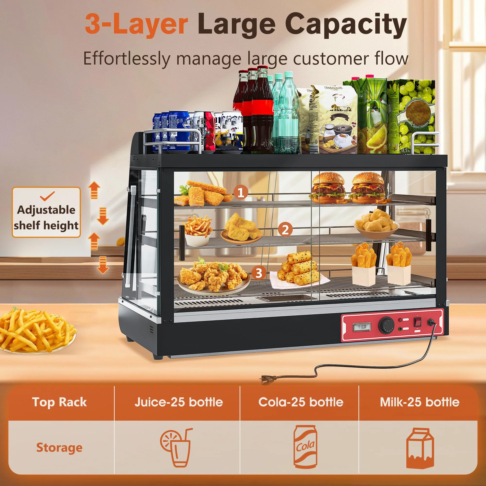 35inch 3-Tier Commercial Food Warmer with Top Rack for Milk Juice, Countertop Heat Holding Cabinet Display Case for Pizza/Pretzel, Three Color Lighting, w/Thermometer for Cafeteria Kitchen Restaurant - Image 7