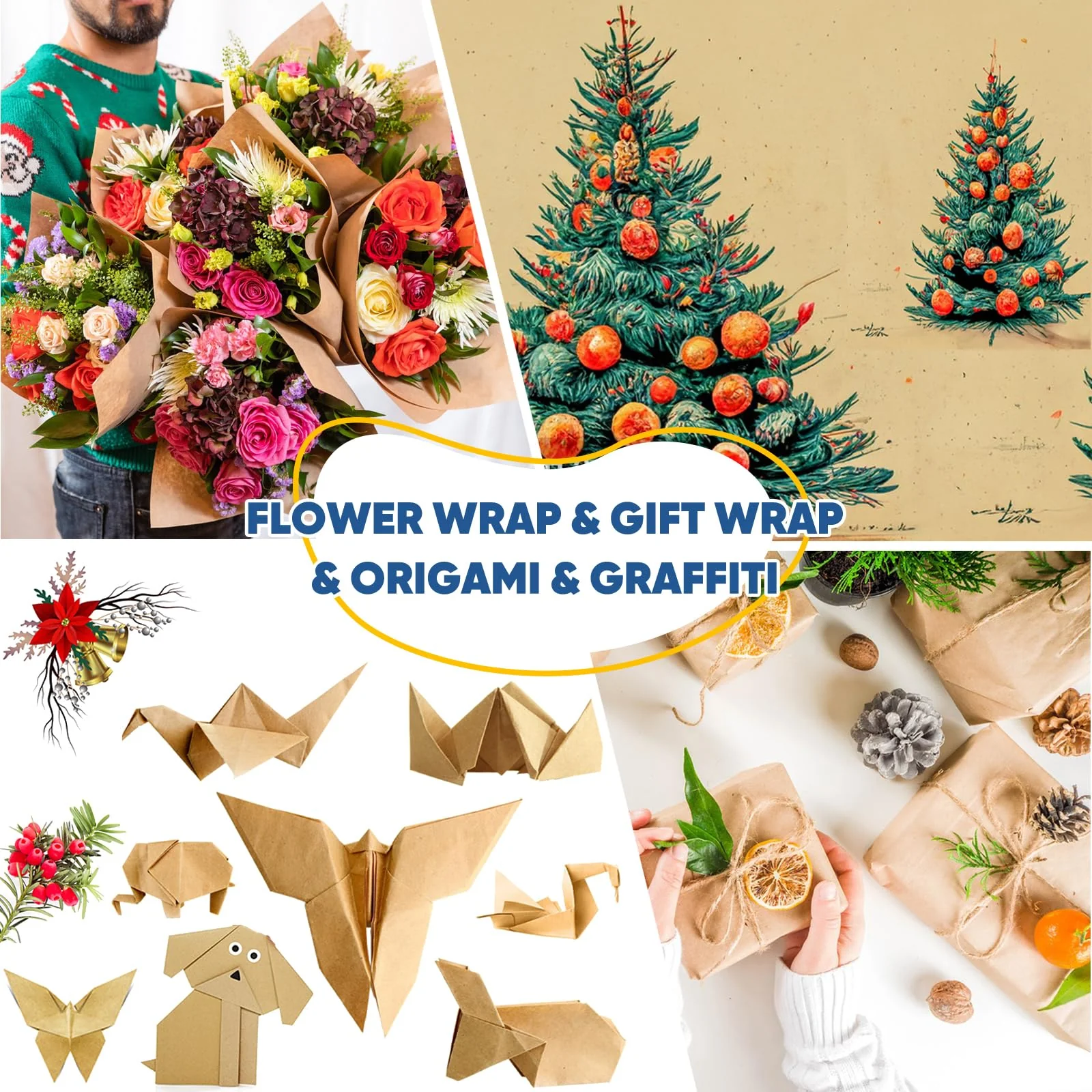 36" x 3600" (300') Brown Kraft Paper Roll, Gift Wrapping Paper for Craft Bulletin Board Art Decorative Paper Roll Christmas Bouquet Flower Table Covering Packing Shipping Moving Supplies 70GSM 50LB - Image 4