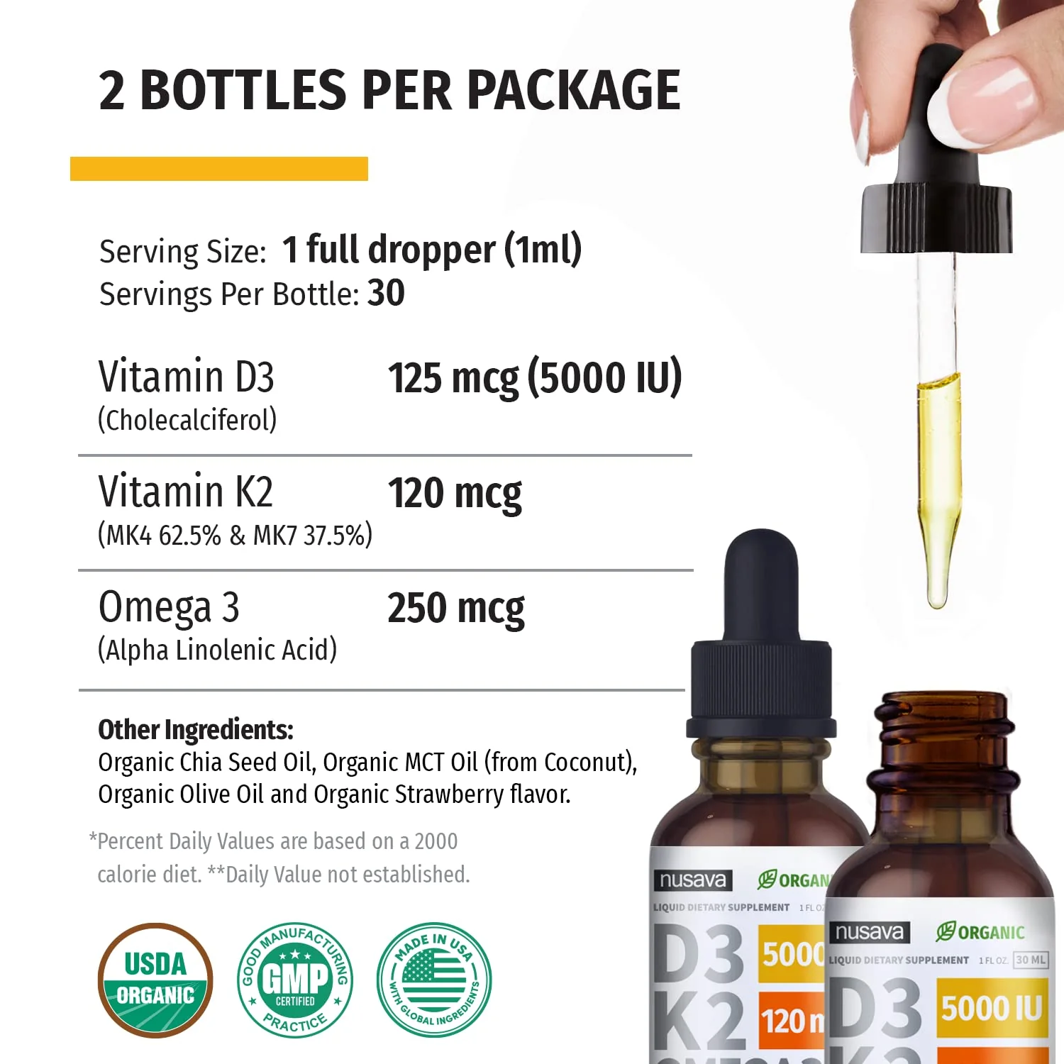 (4 Pack) Organic Vitamin D3 K2 Drops with MCT Oil Omega 3, 5000 IU - Maximum Strength Vitamin D Liquid, No Fillers, Non-GMO Liquid D3 for Faster Absorption and Immune Support (Strawberry, 4 Fl Oz) - Image 4